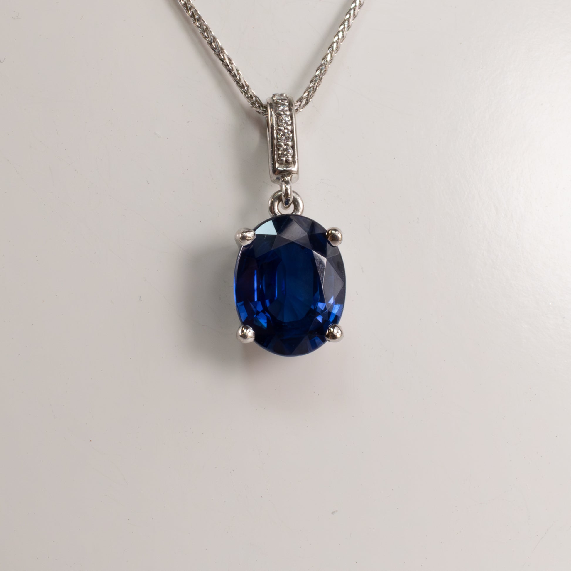 14KWG Blue Sapphire 2.40ct and Diamond Bail Necklace