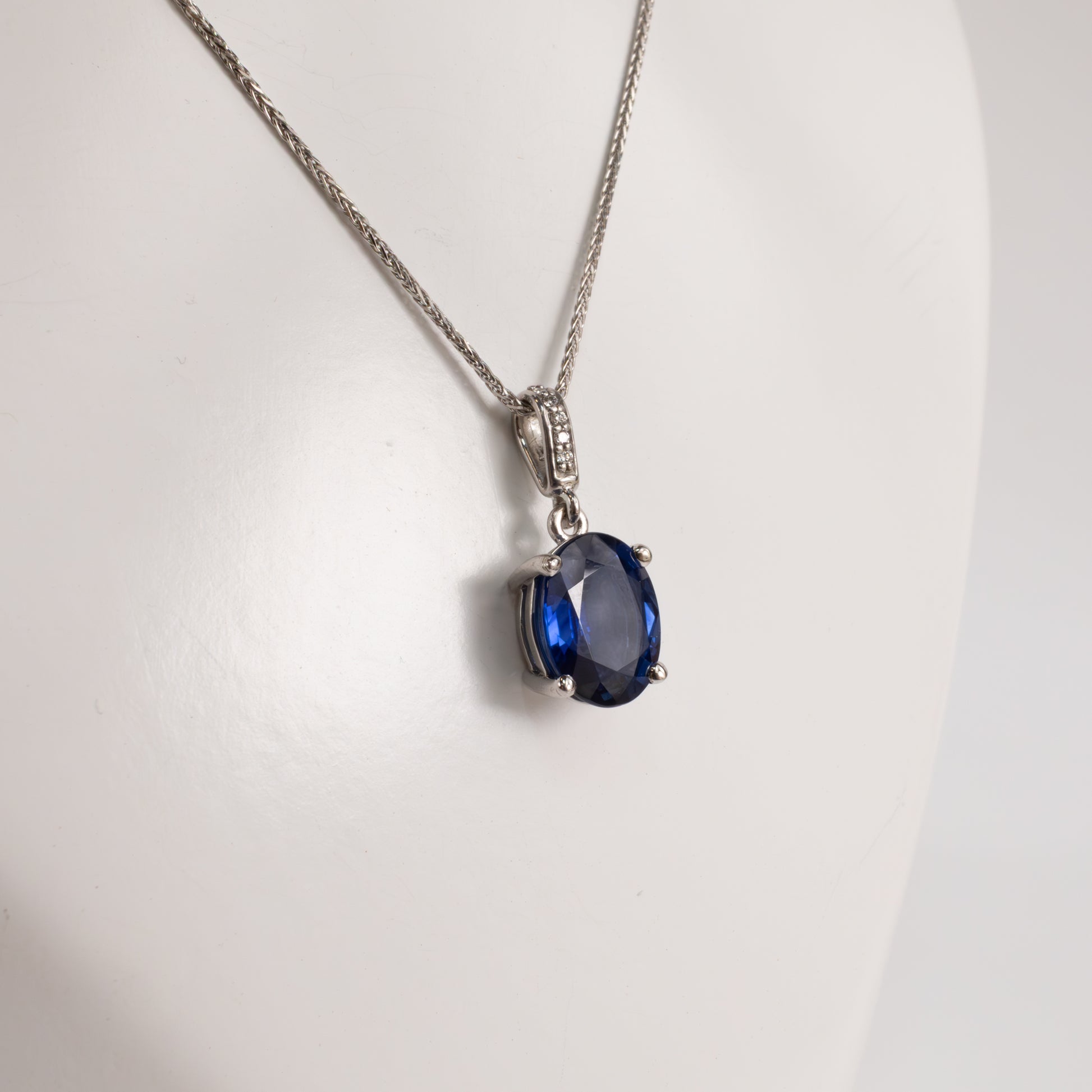 14KWG Blue Sapphire 2.40ct and Diamond Bail Necklace