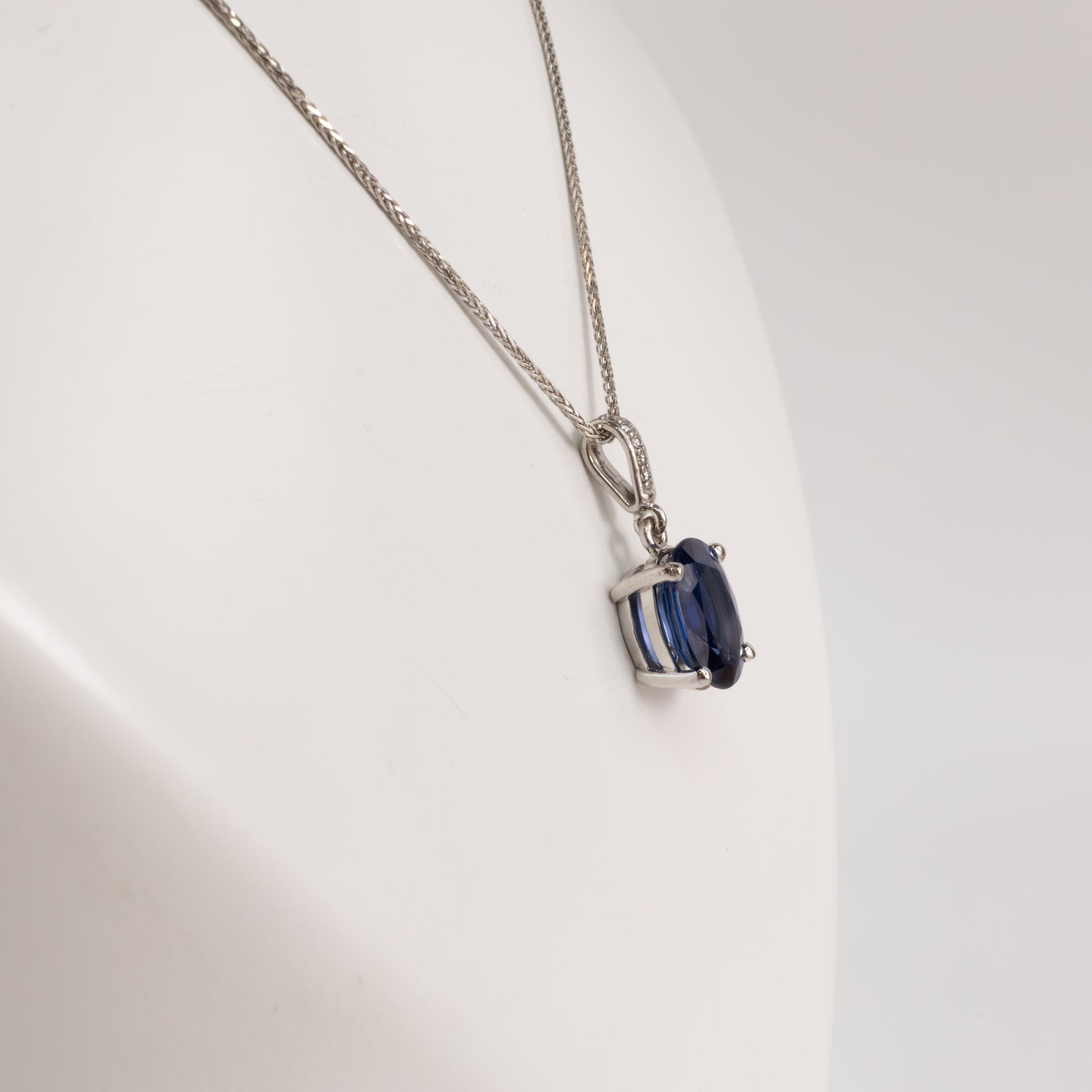 14KWG Blue Sapphire 2.40ct and Diamond Bail Necklace