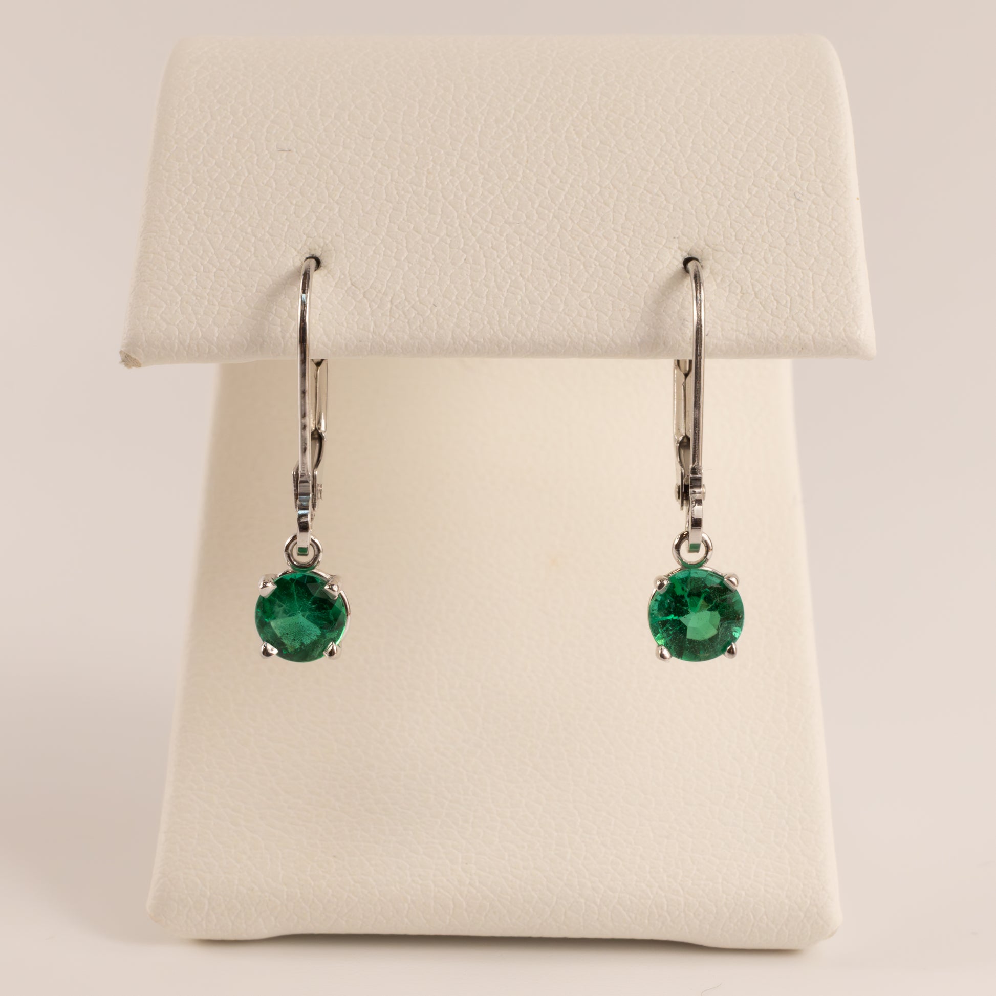 14KWG Emerald Round Dangle Leverback Earrings