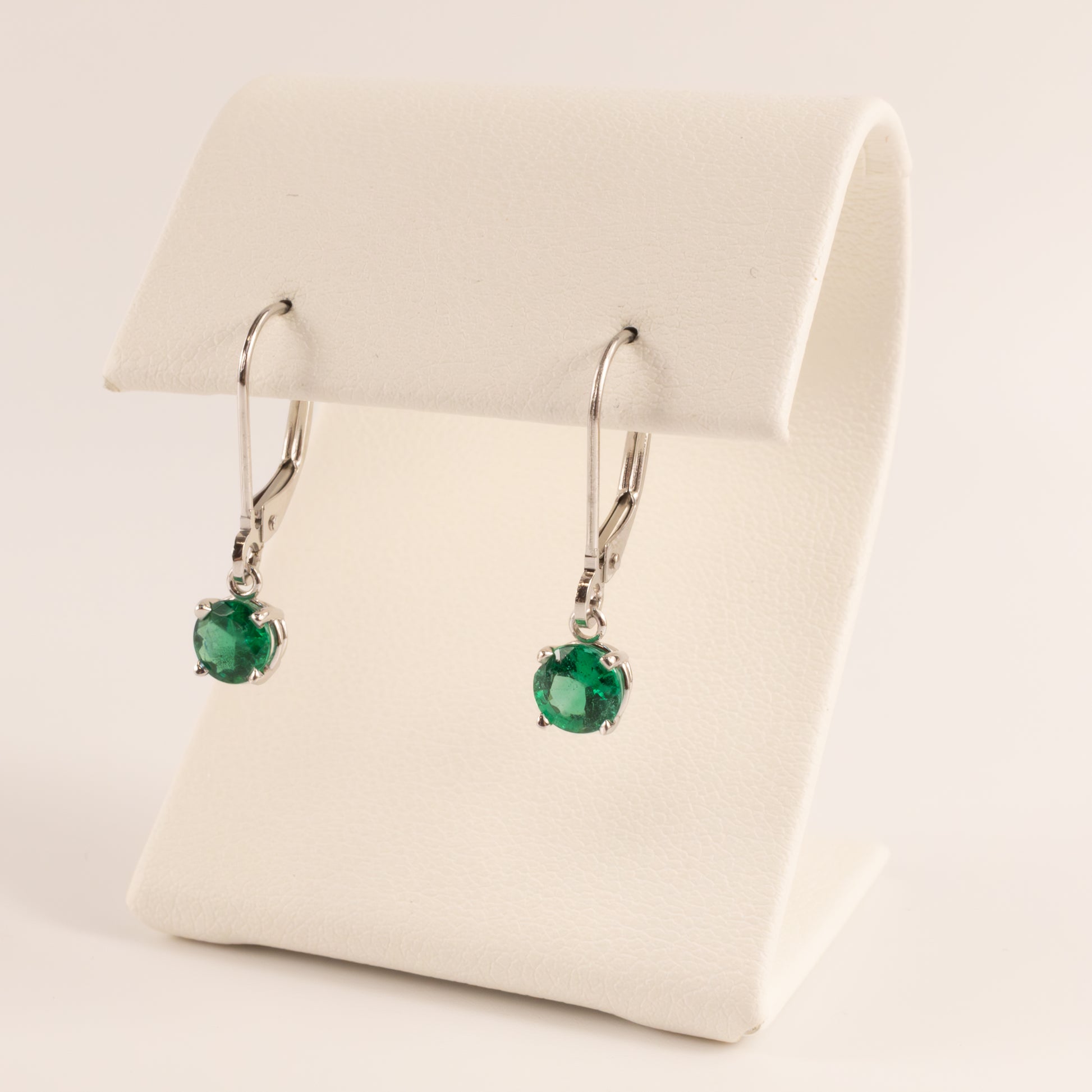 14KWG Emerald Round Dangle Leverback Earrings