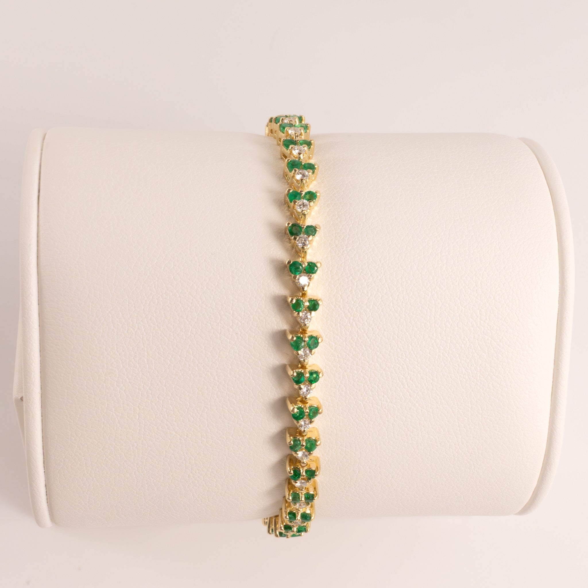 14KYG Emerald and Diamond 3-Stone Link Tennis Bracelet