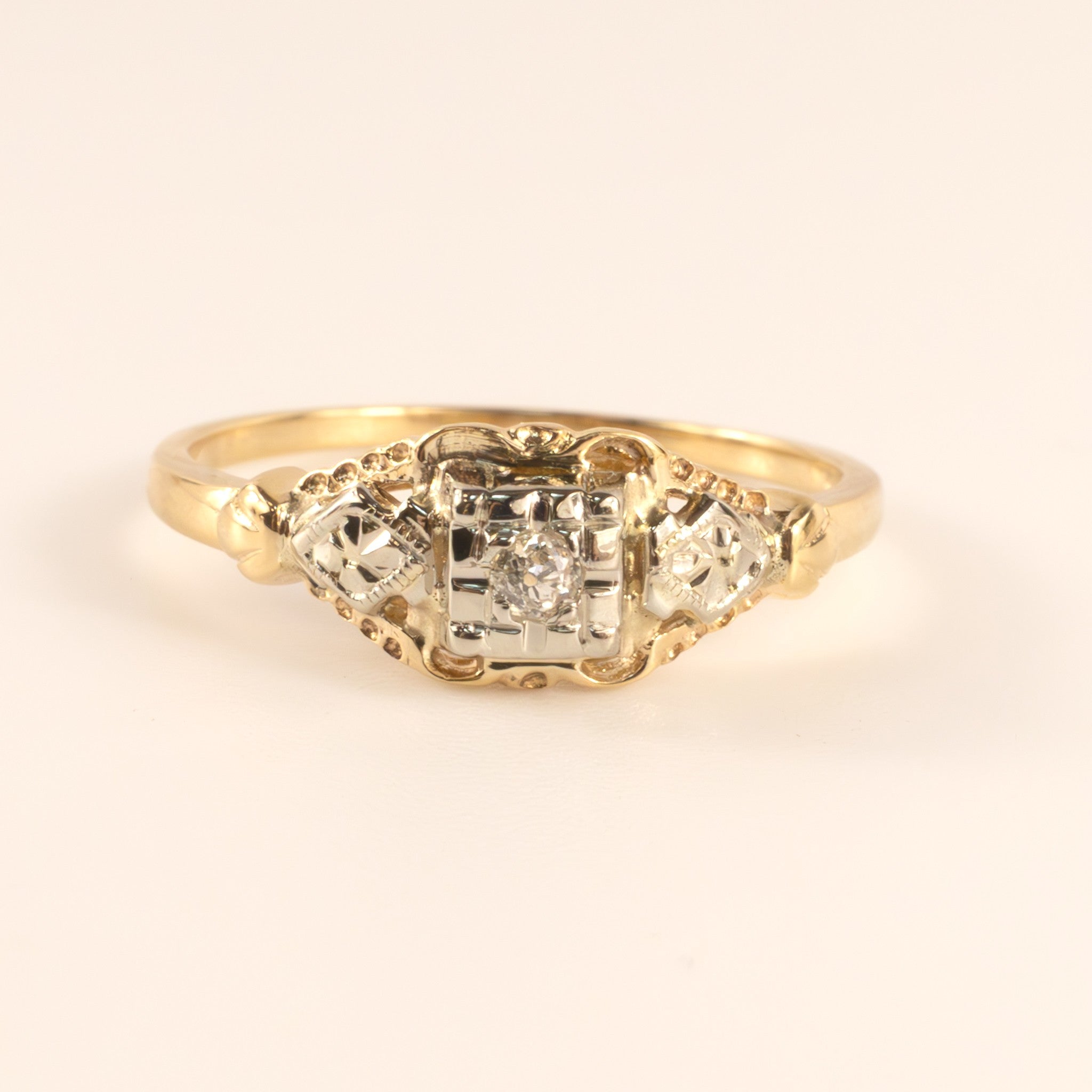14K Two-Tone Antique Old Mine Diamond 0.04ct Engagement Ring