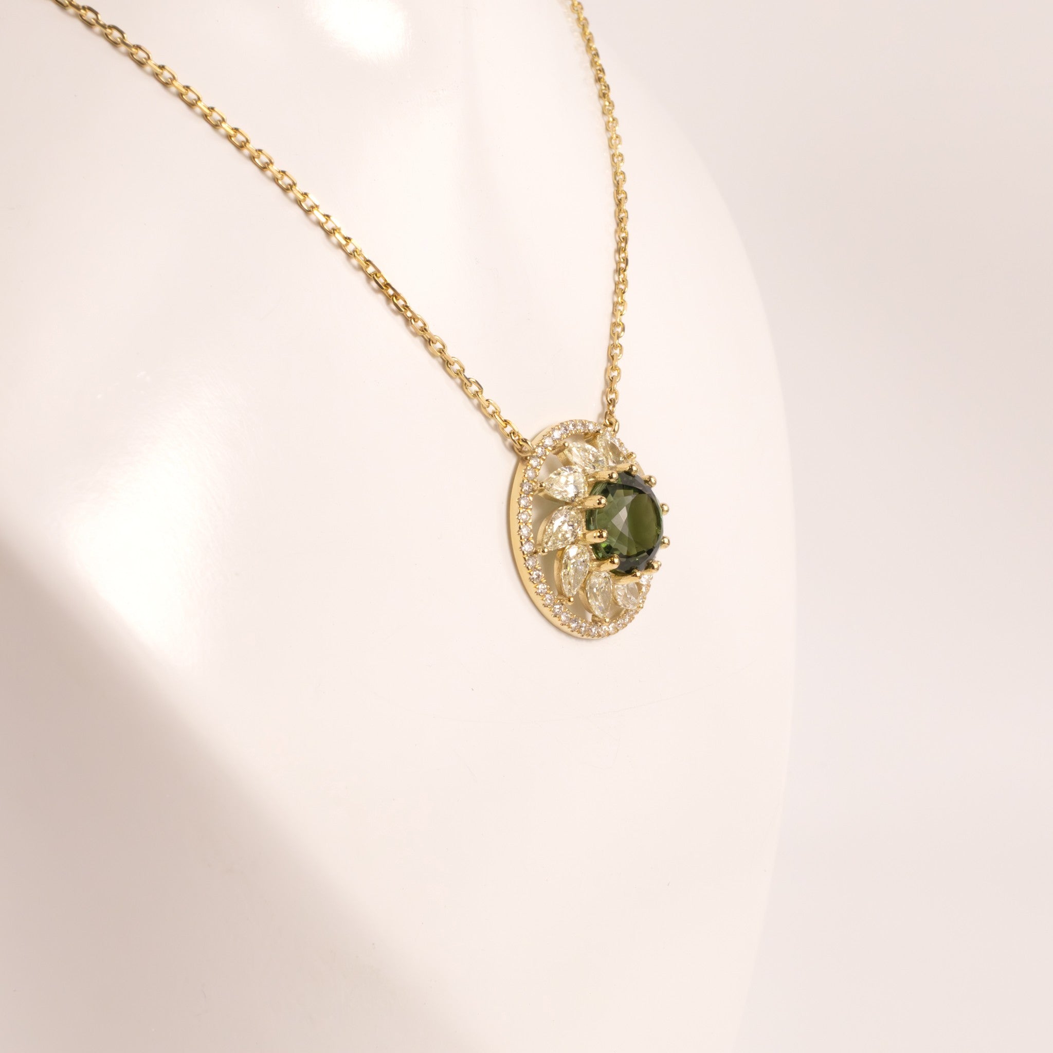 14KYG Tourmaline and Diamond Halo Flower Fixed Necklace
