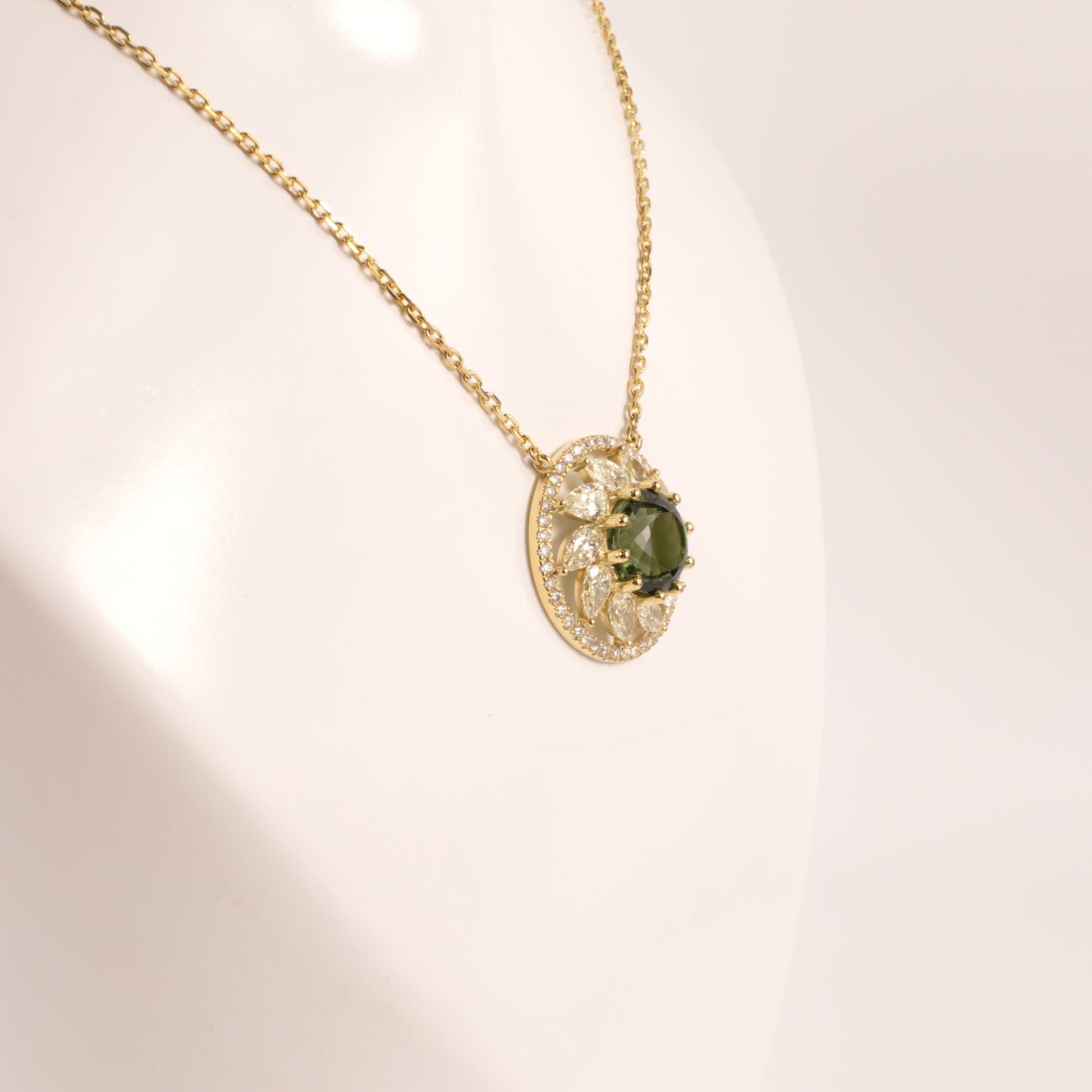 14KYG Tourmaline and Diamond Halo Flower Fixed Necklace