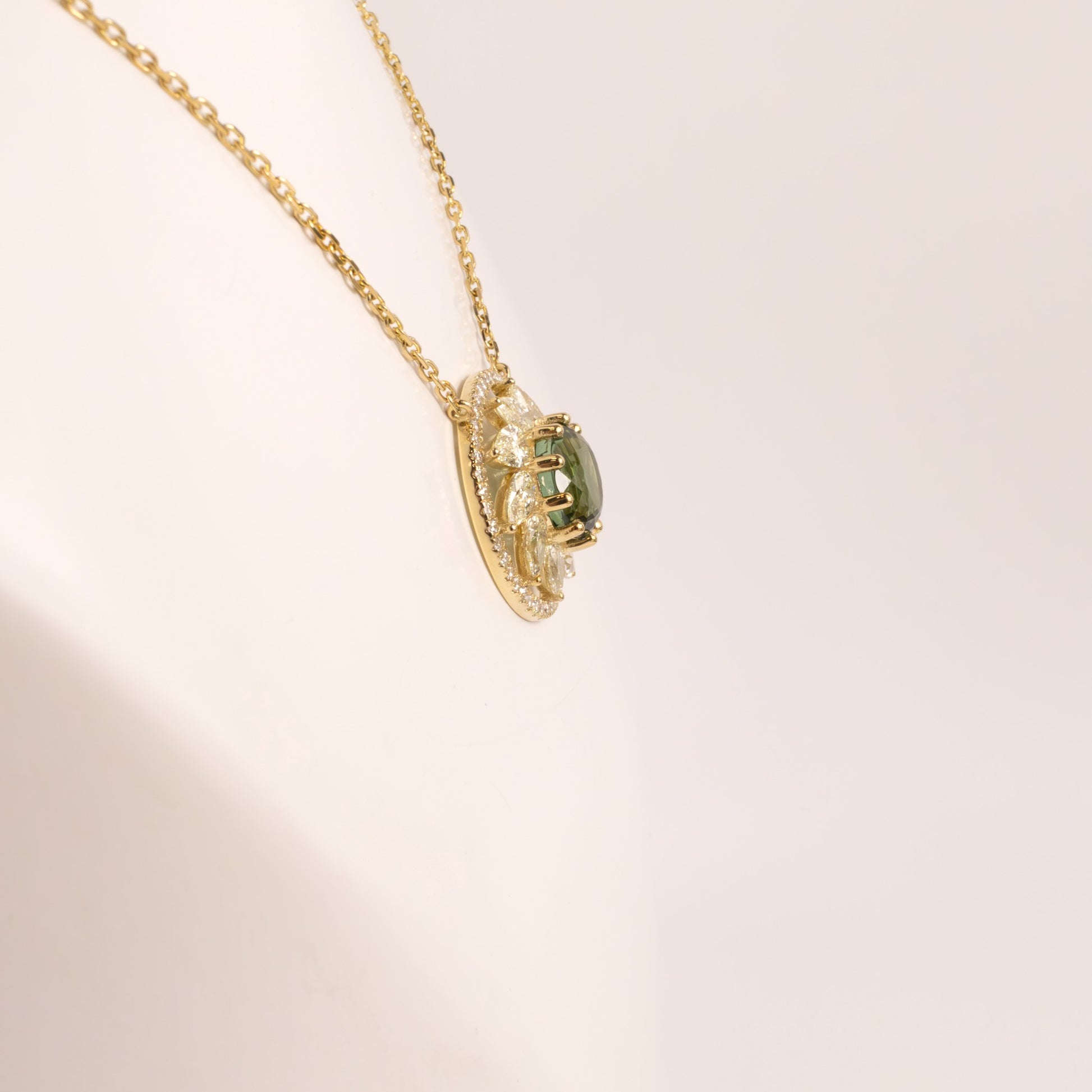14KYG Tourmaline and Diamond Halo Flower Fixed Necklace
