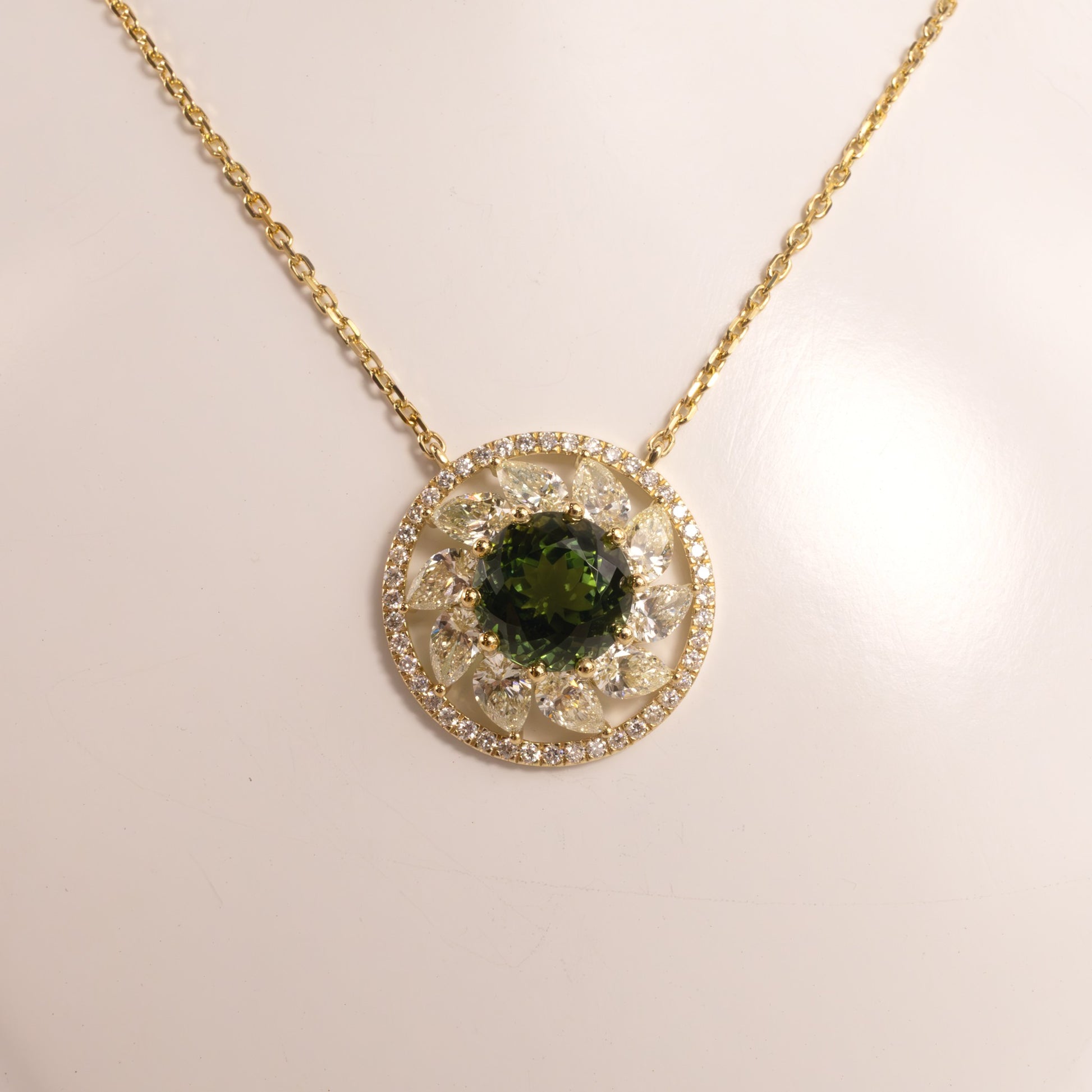 14KYG Tourmaline and Diamond Halo Flower Fixed Necklace