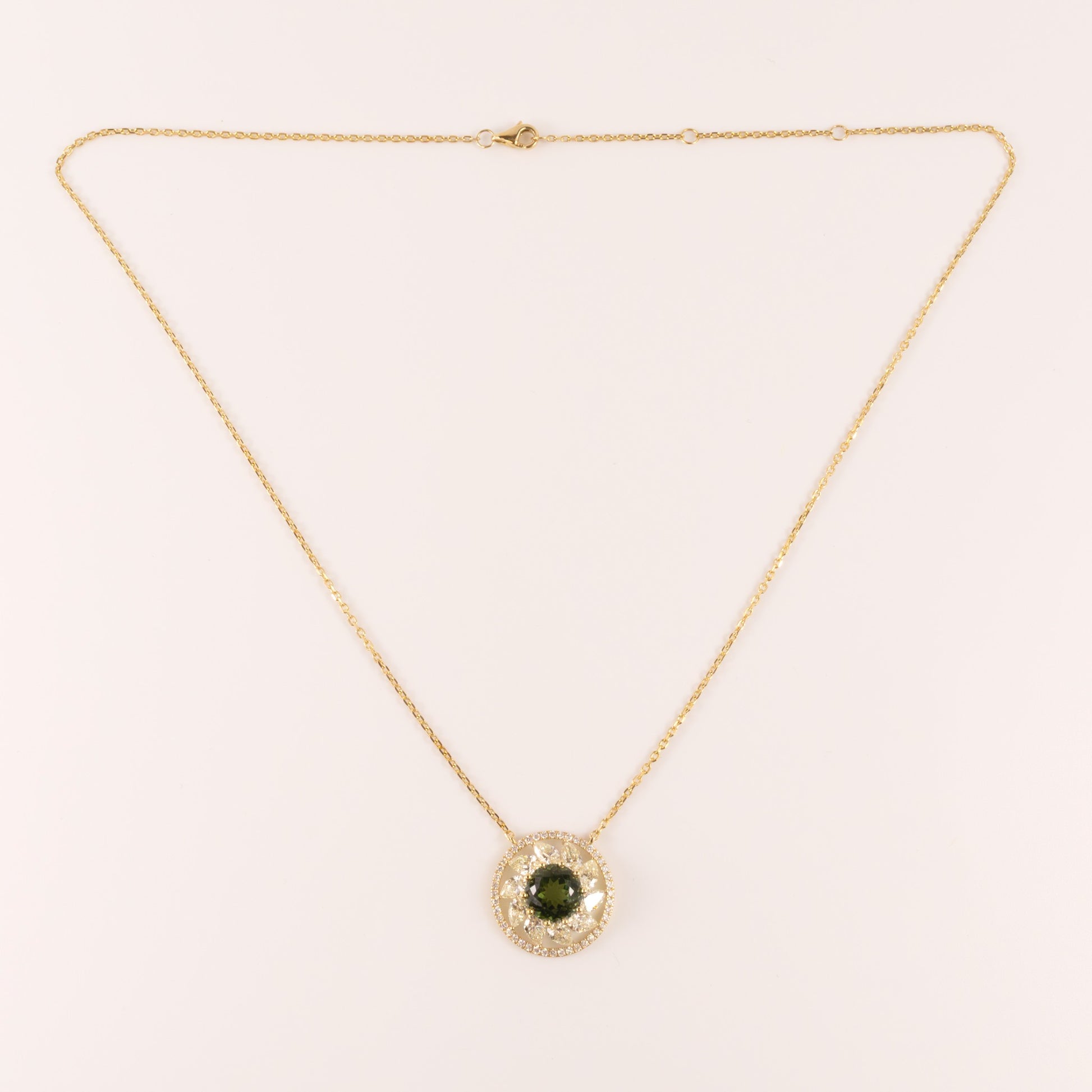 14KYG Tourmaline and Diamond Halo Flower Fixed Necklace
