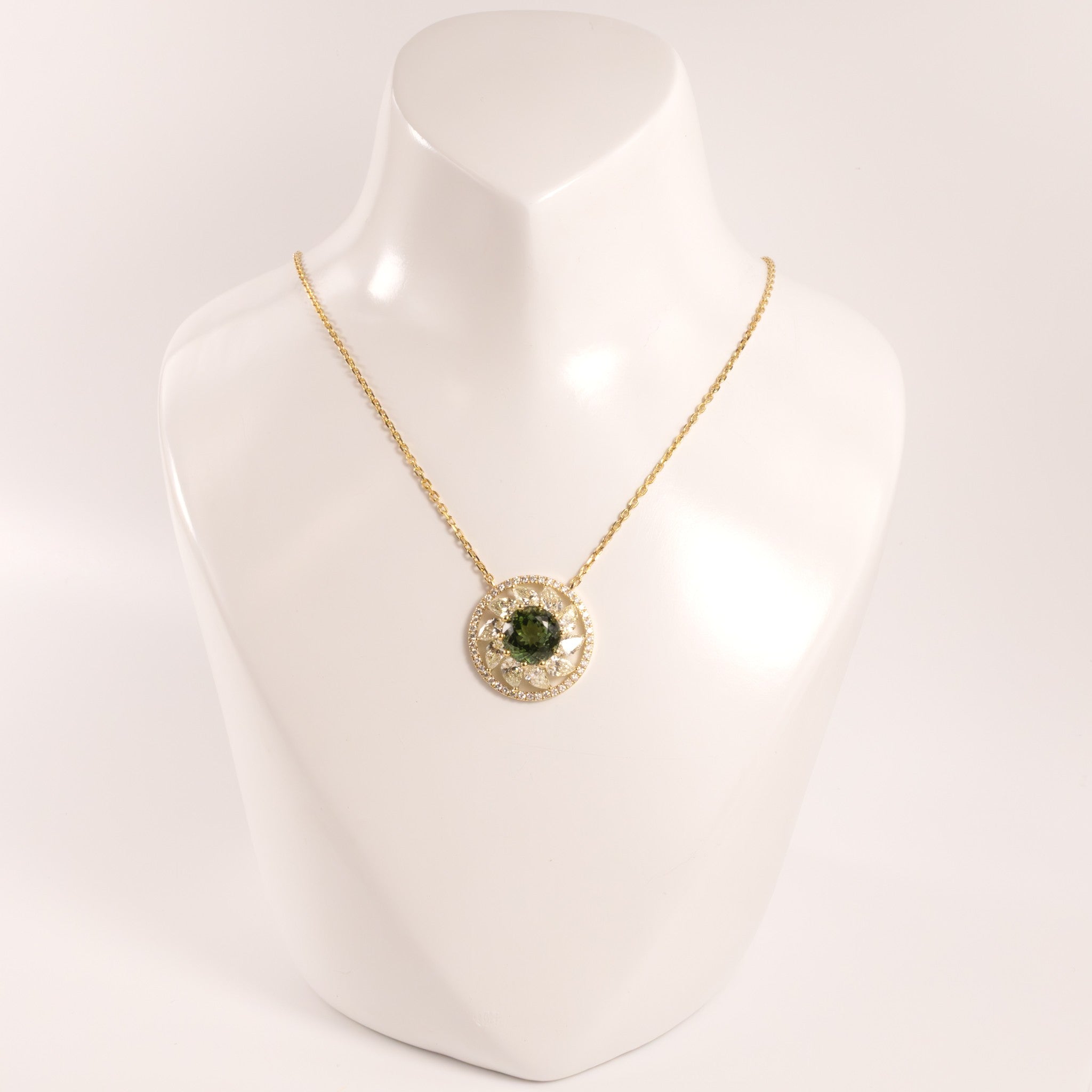 14KYG Tourmaline and Diamond Halo Flower Fixed Necklace