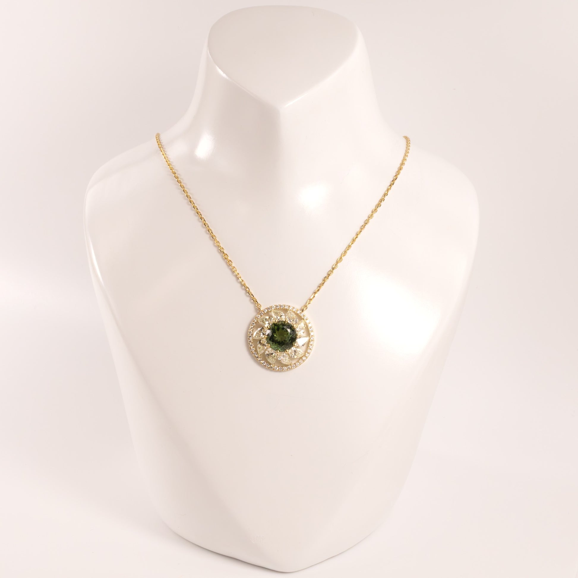 14KYG Tourmaline and Diamond Halo Flower Fixed Necklace