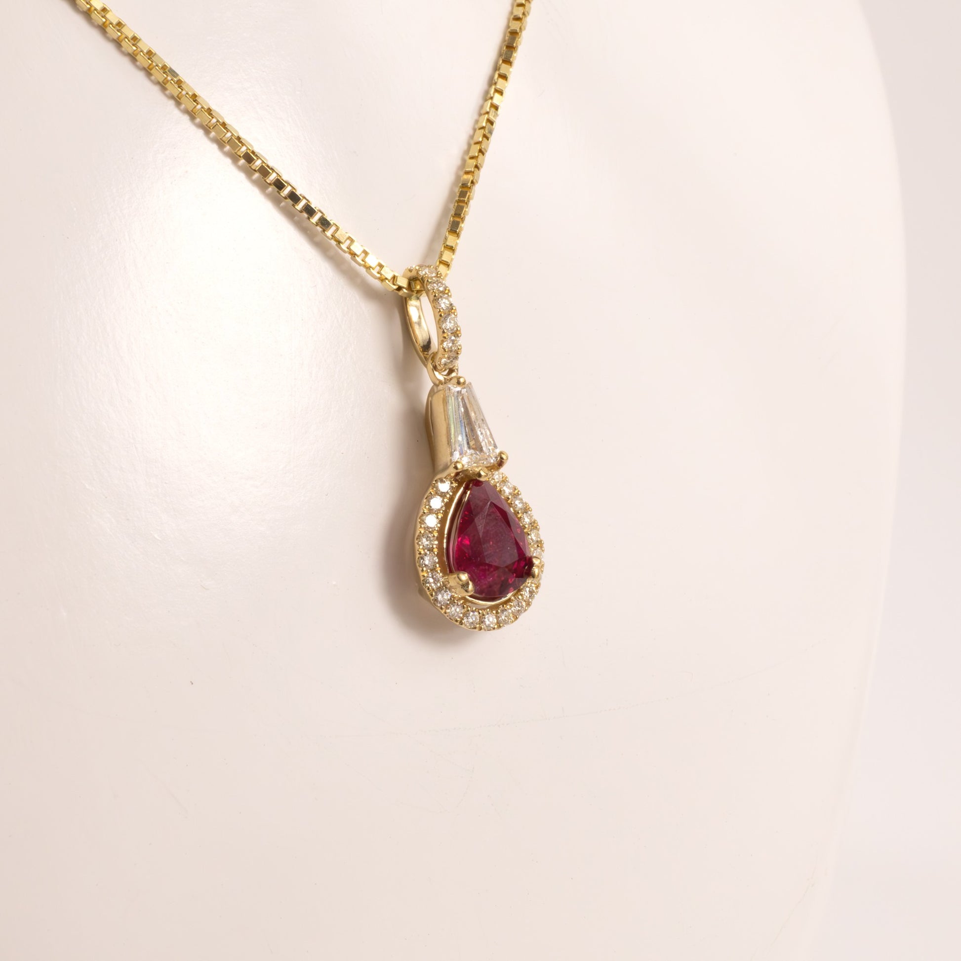 14KYG Ruby Pear and Diamond Halo Pendant