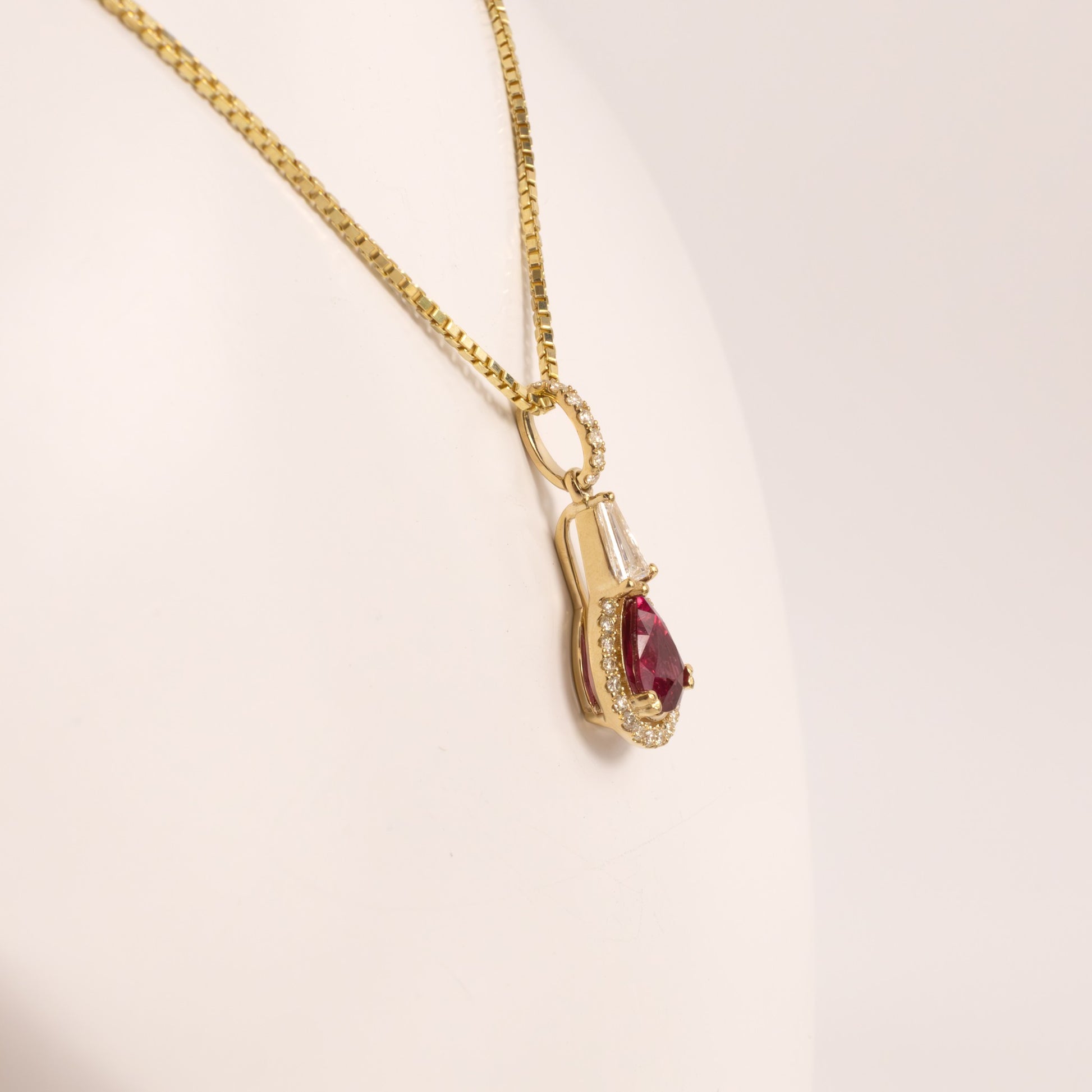 14KYG Ruby Pear and Diamond Halo Pendant