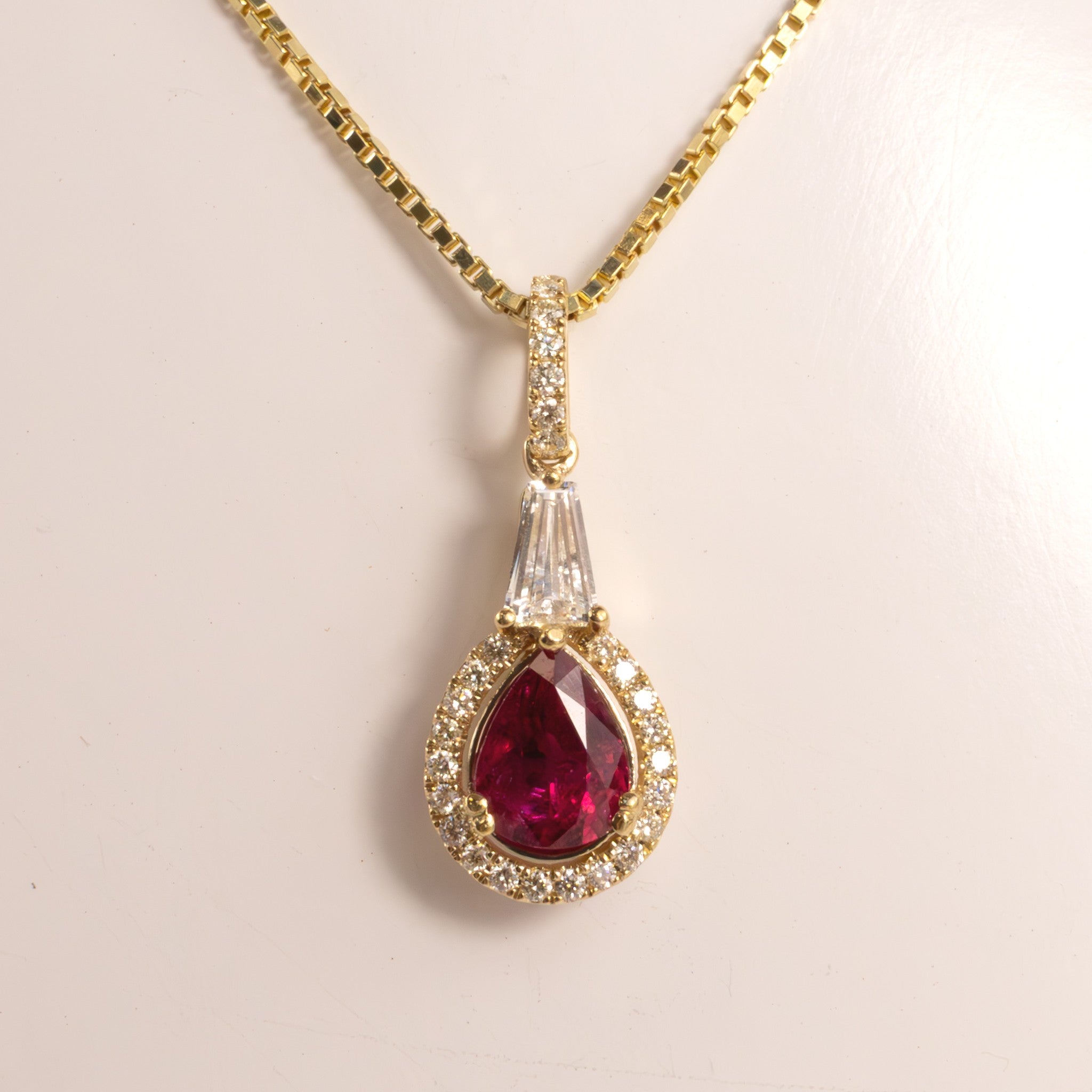 14KYG Ruby Pear and Diamond Halo Pendant