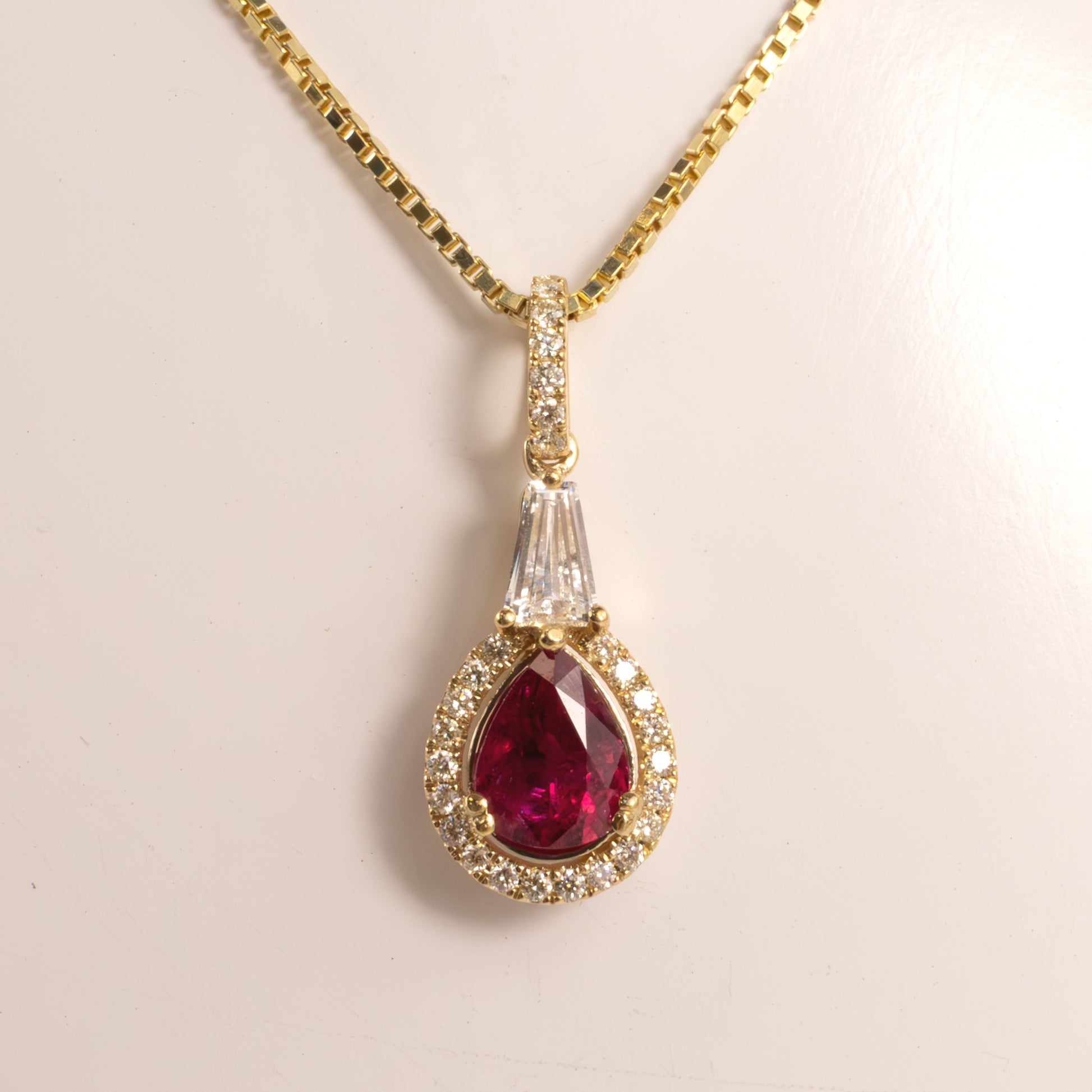 14KYG Ruby Pear and Diamond Halo Pendant