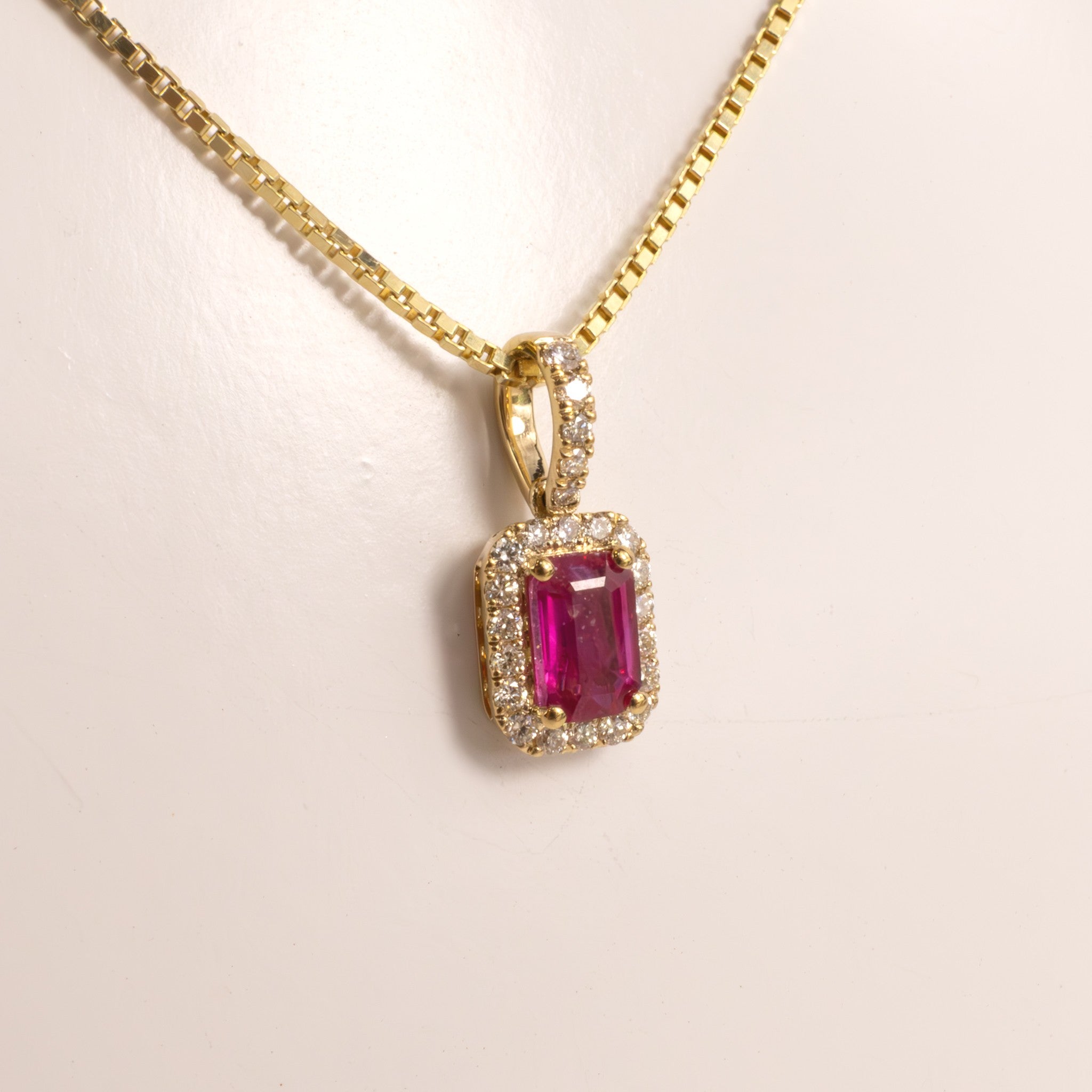 14KYG Ruby Emerald Cut and Diamond Halo Pendant