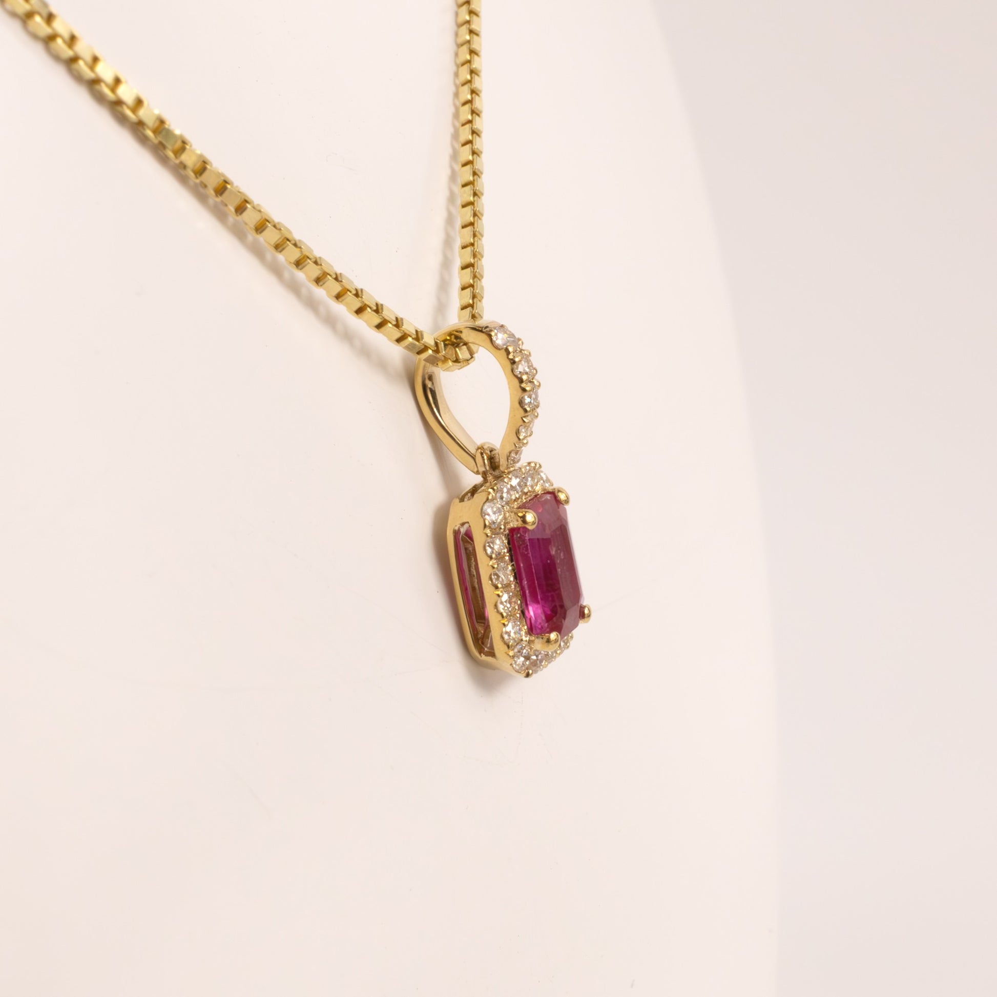14KYG Ruby Emerald Cut and Diamond Halo Pendant
