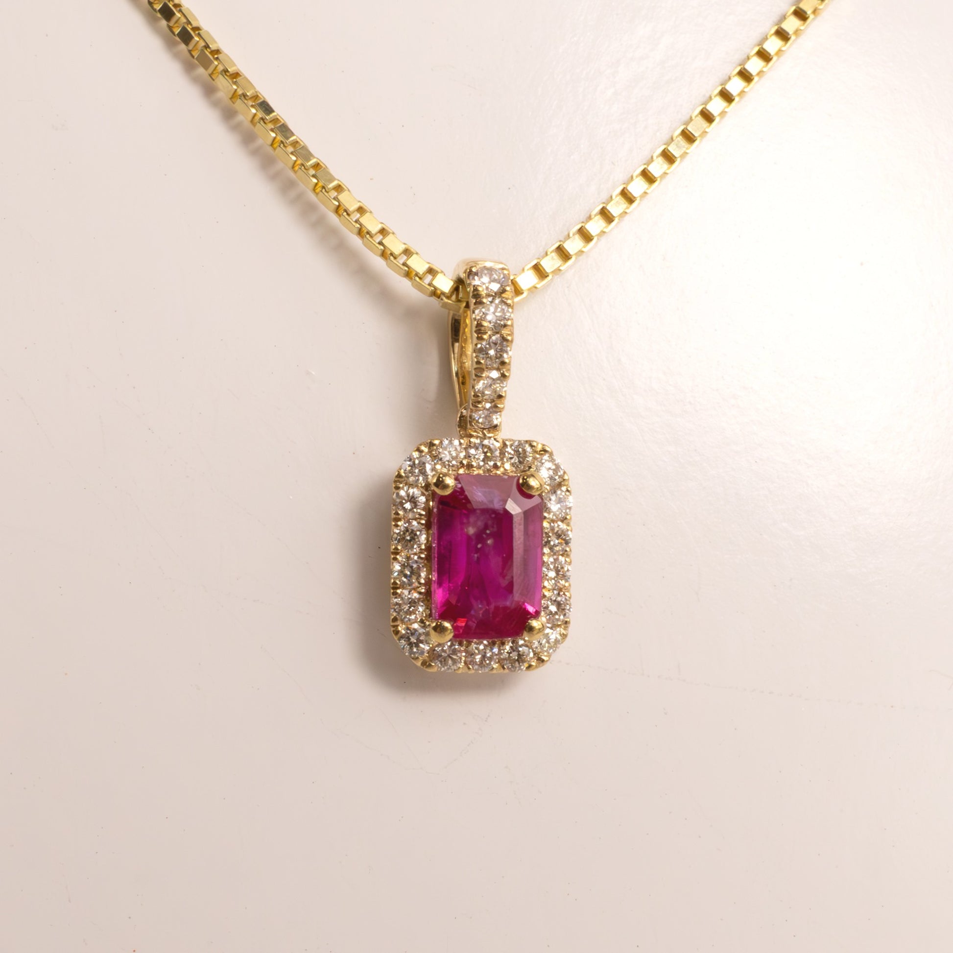 14KYG Ruby Emerald Cut and Diamond Halo Pendant