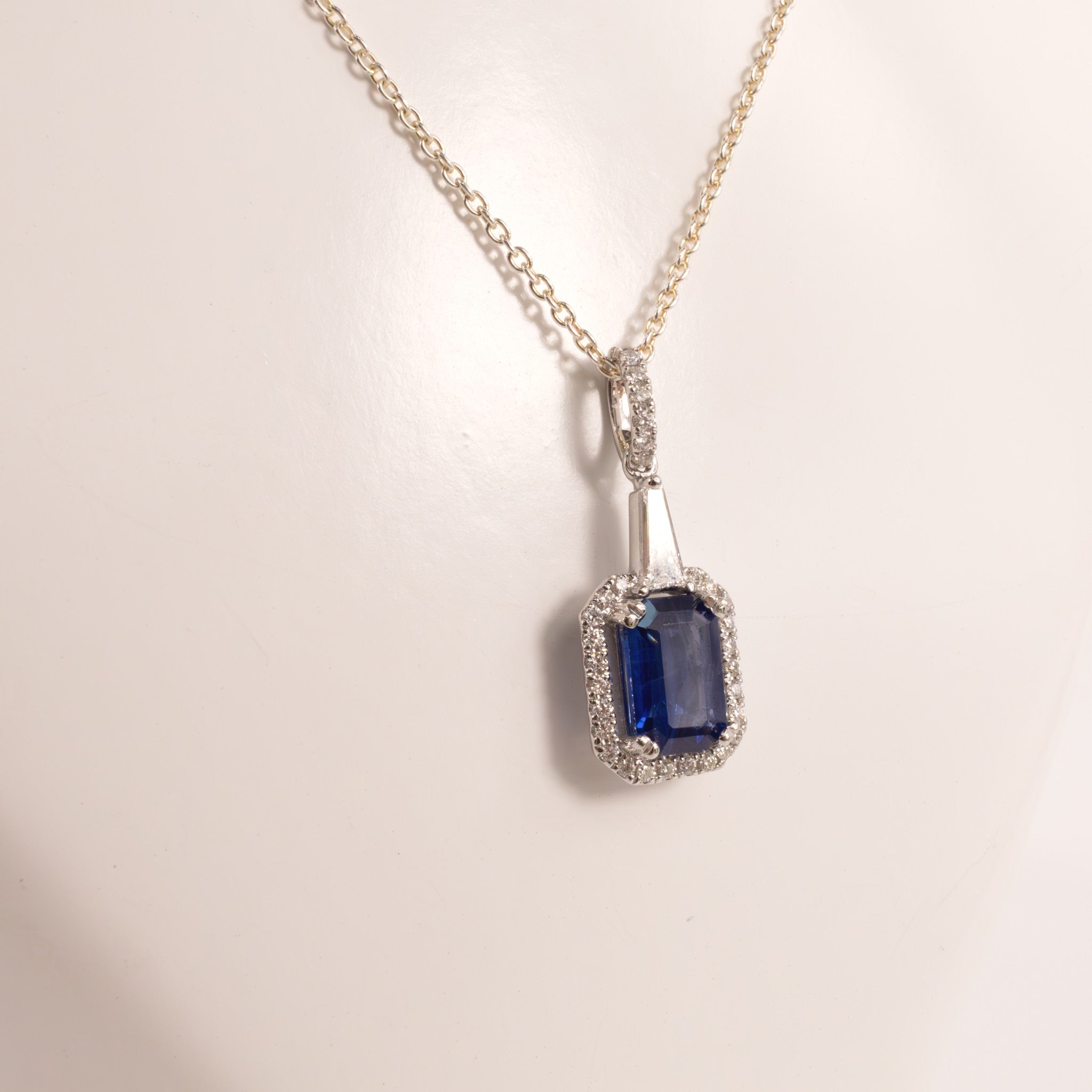 14KWG Blue Sapphire Emerald Cut and Diamond Halo Pendant
