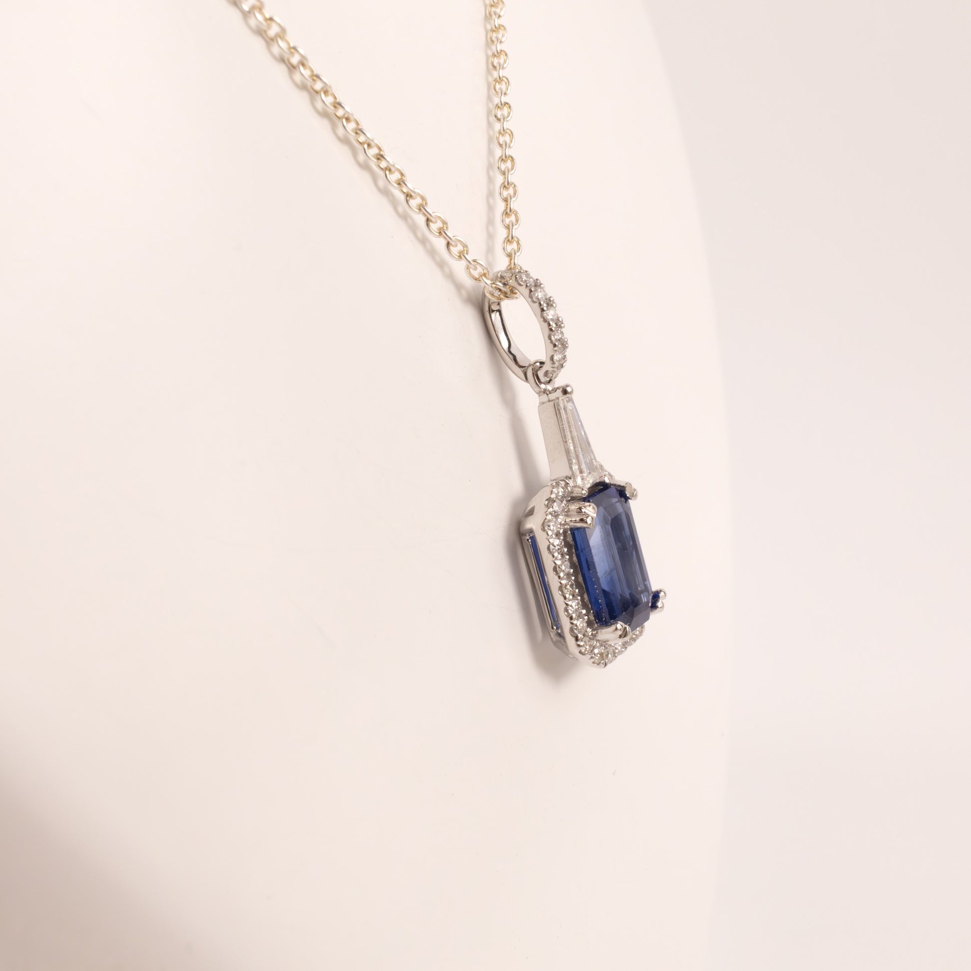 14KWG Blue Sapphire Emerald Cut and Diamond Halo Pendant
