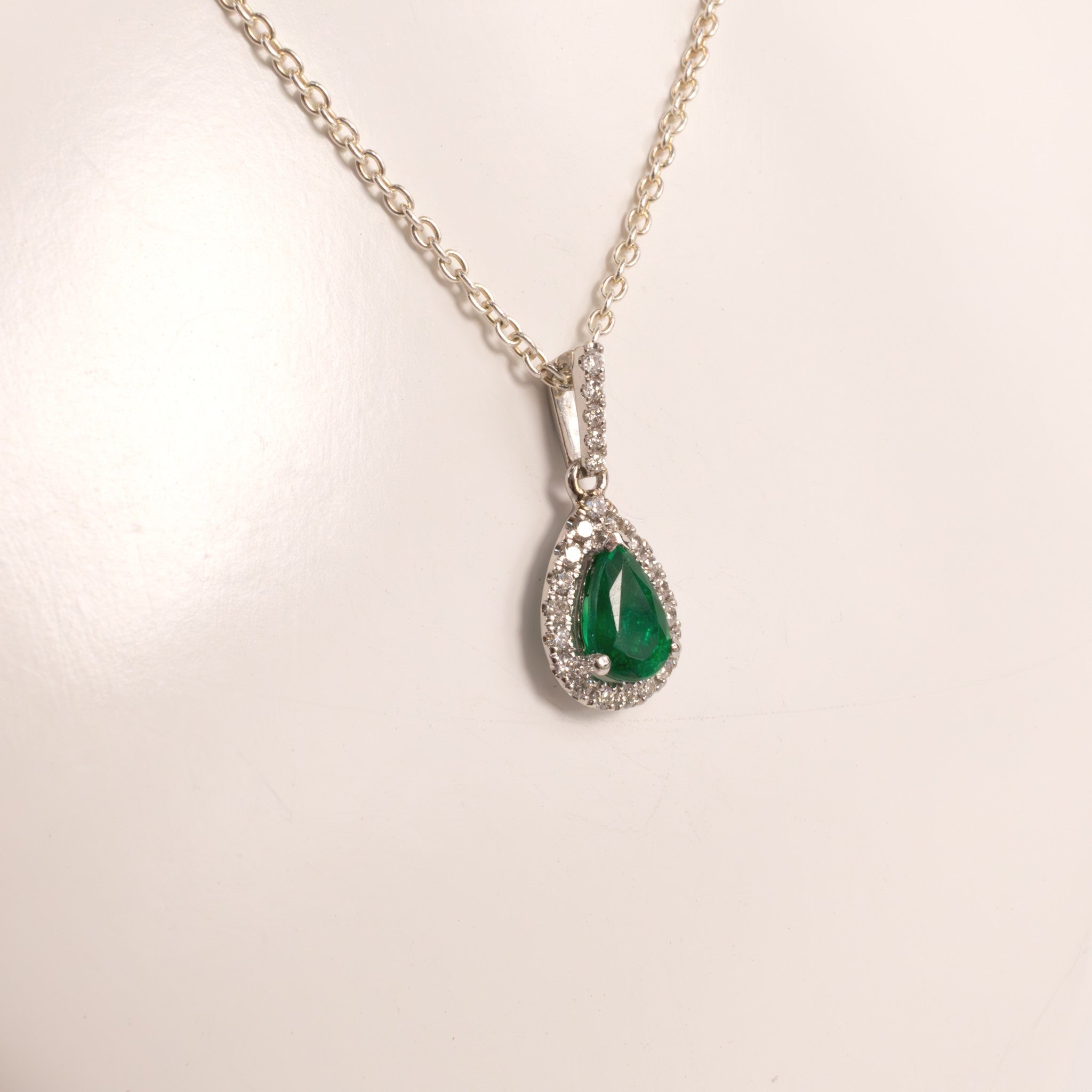 18KWG Emerald Pear Cut and Diamond Halo Pendant