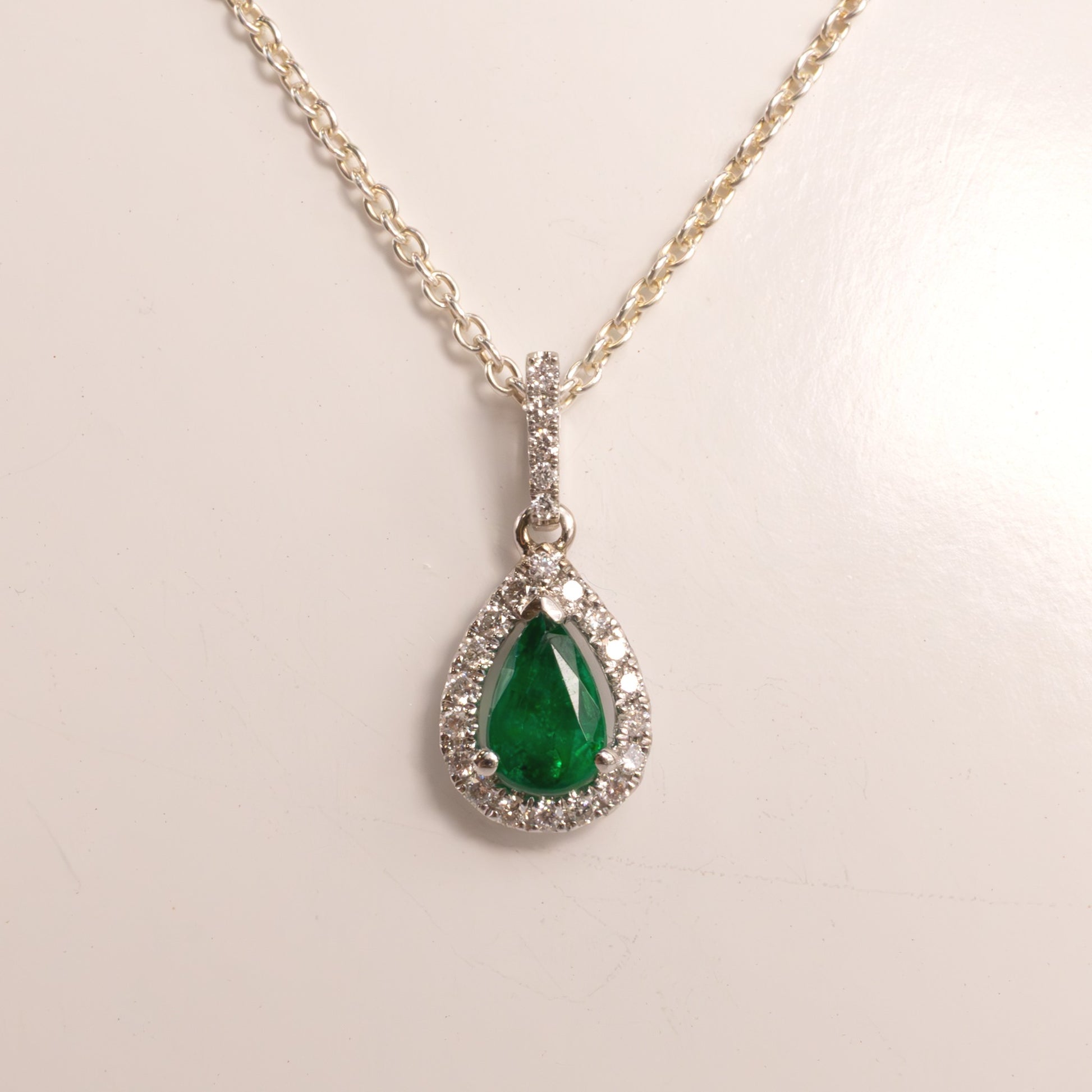 18KWG Emerald Pear Cut and Diamond Halo Pendant