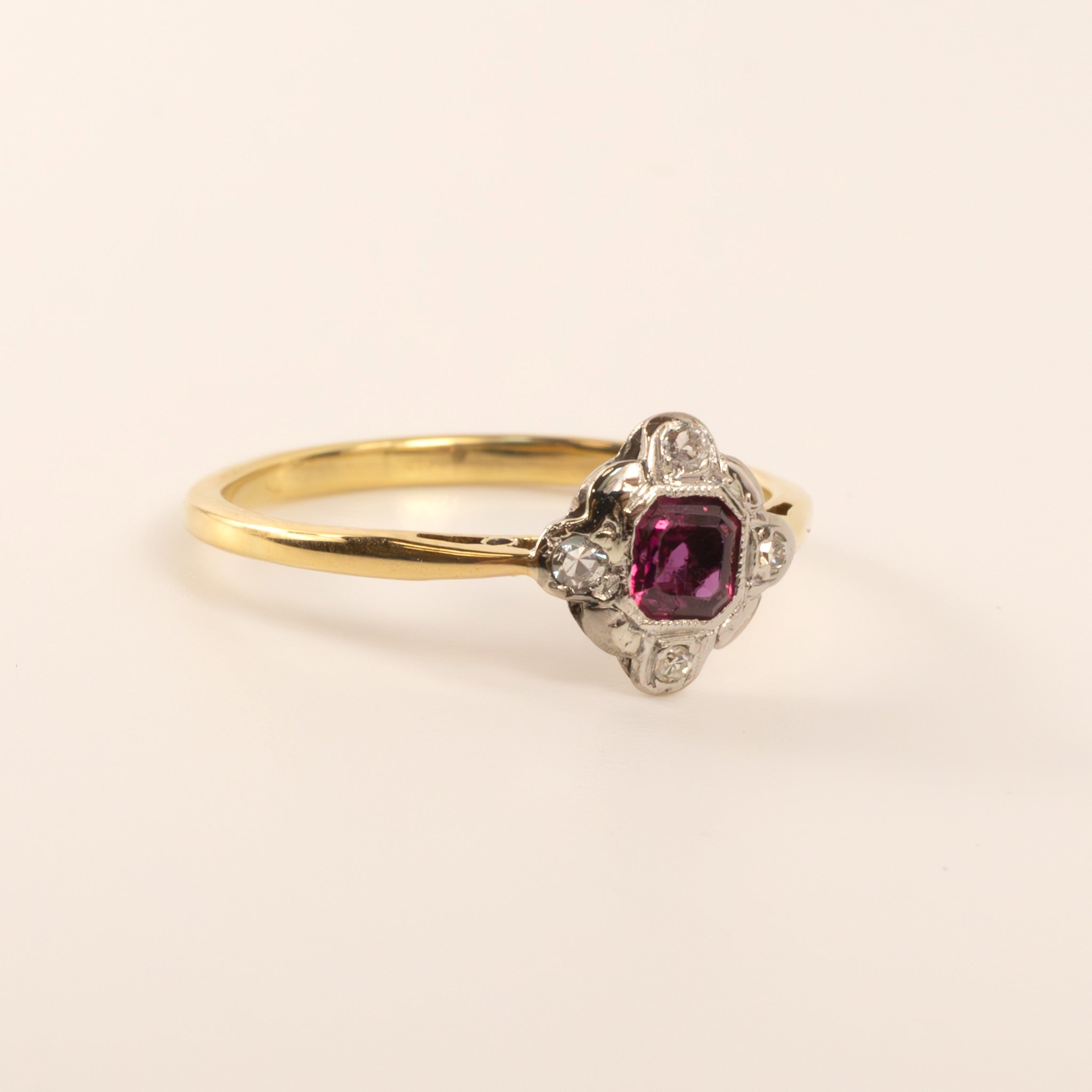 18KYG & Silver/Palladium Antique Ruby and Diamond Ring