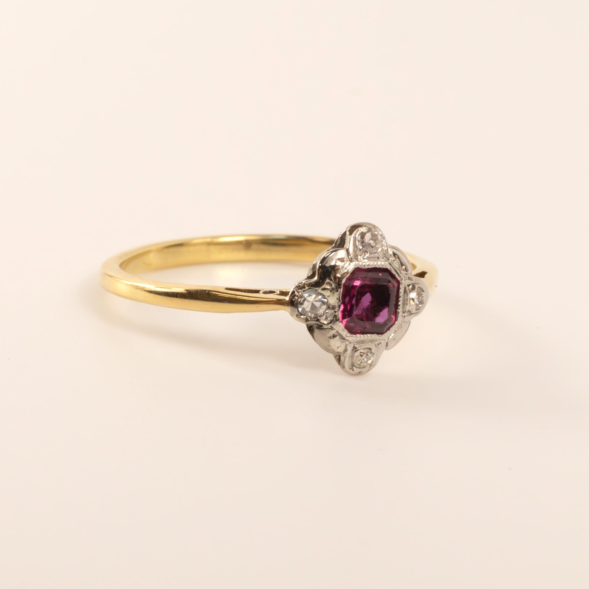 18KYG & Silver/Palladium Antique Ruby and Diamond Ring