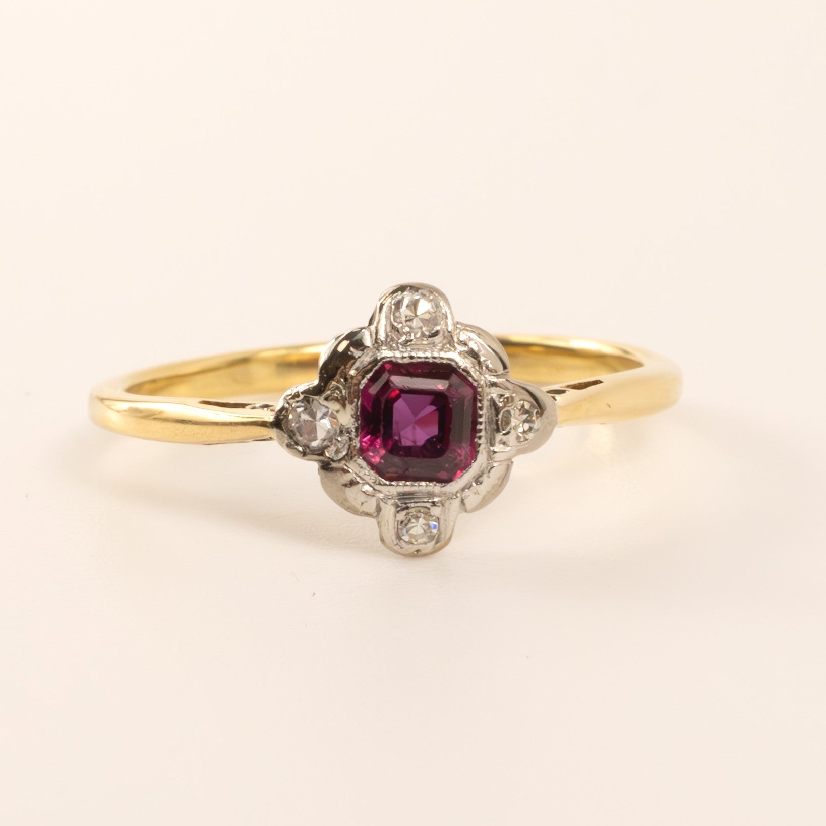 18KYG & Silver/Palladium Antique Ruby and Diamond Ring