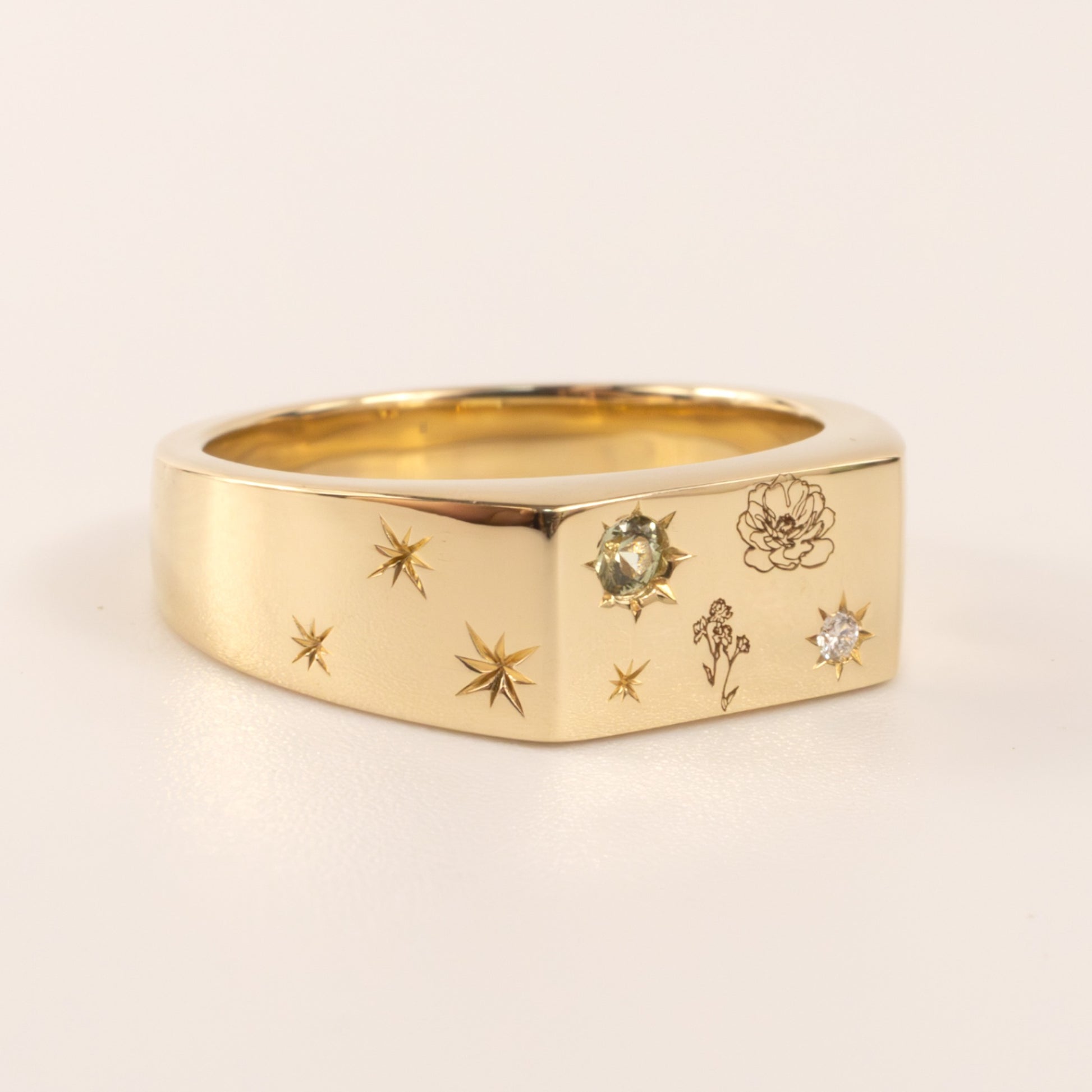 14KYG Marks Custom Orange Garnet, Green Sapphire, and Diamond Signet Ring