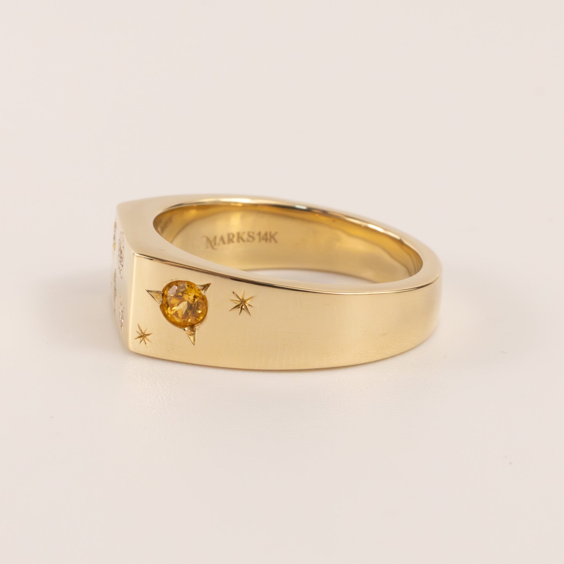 14KYG Marks Custom Orange Garnet, Green Sapphire, and Diamond Signet Ring
