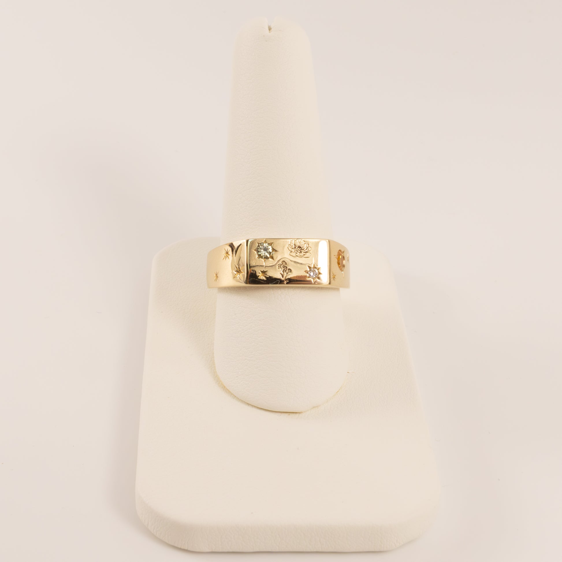 14KYG Marks Custom Orange Garnet, Green Sapphire, and Diamond Signet Ring