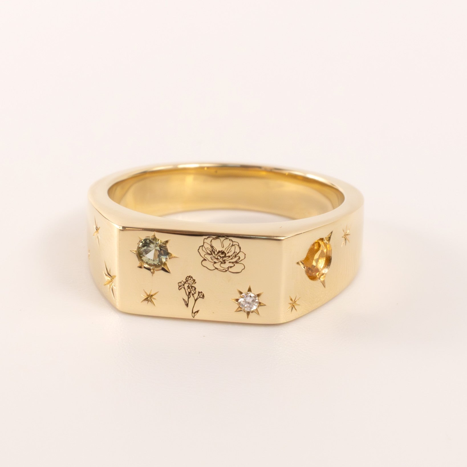 14KYG Marks Custom Spessartite Garnet, Green Sapphire, and Diamond Signet Ring