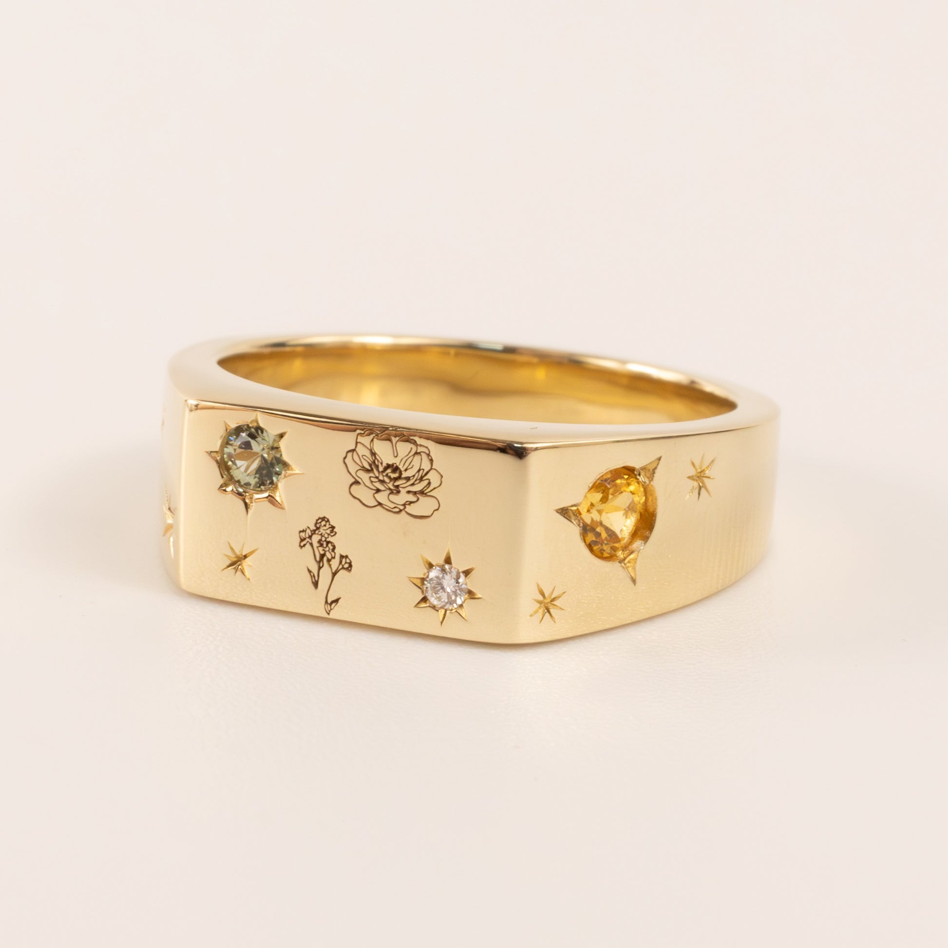 14KYG Marks Custom Spessartite Garnet, Green Sapphire, and Diamond Signet Ring