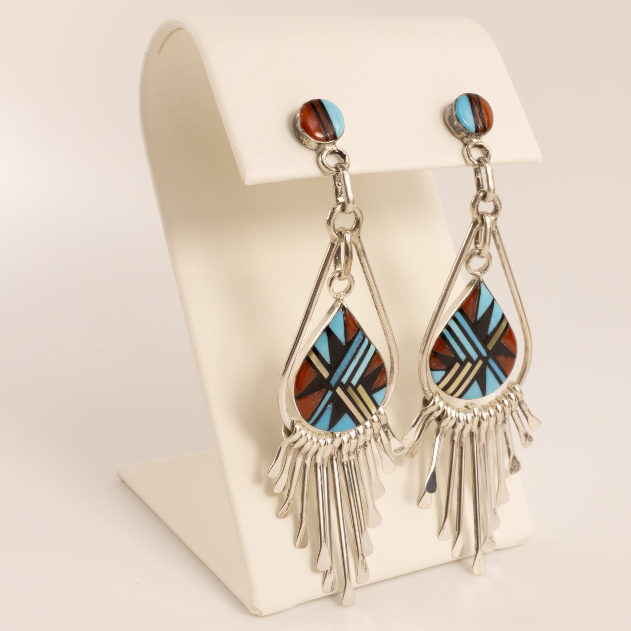 Sterling Silver Turquoise, Onyx, Coral, and Mother of Pearl Inlay Zuni Dangle Earrings