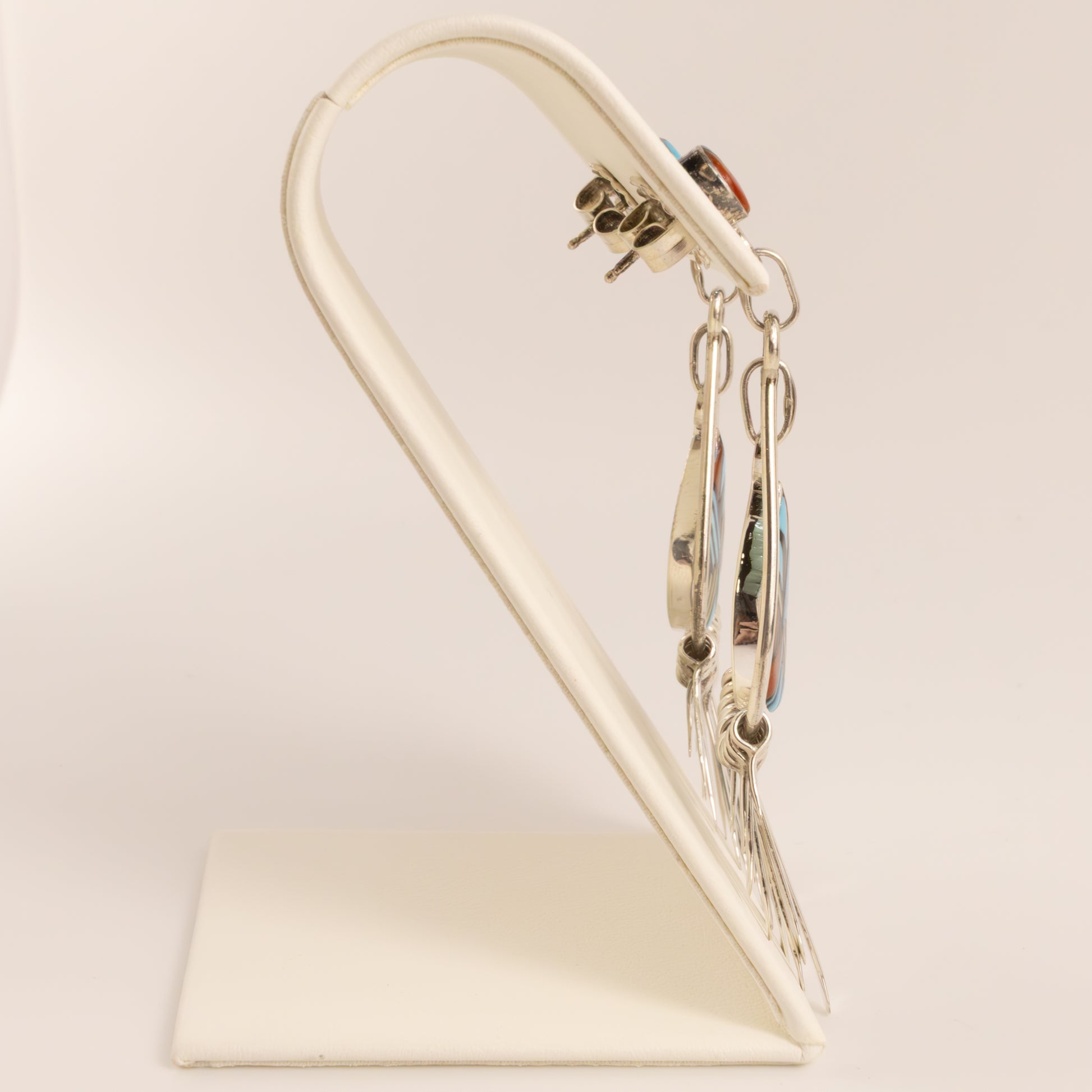 Sterling Silver Turquoise, Onyx, Coral, and Mother of Pearl Inlay Zuni Dangle Earrings