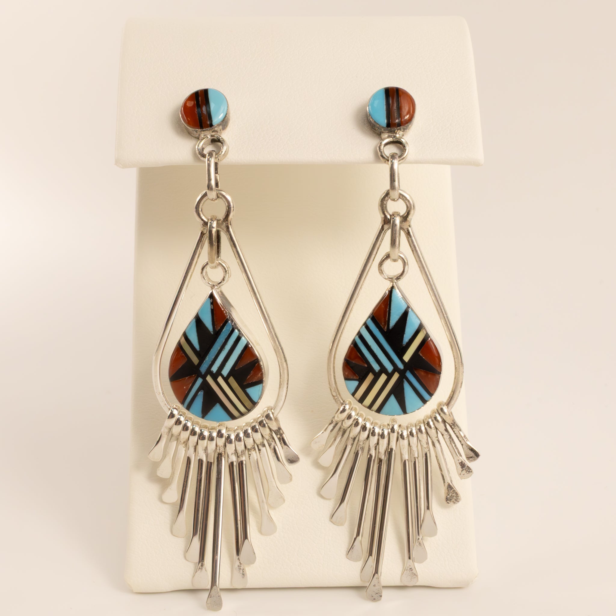 Sterling Silver Turquoise, Onyx, Coral, and Mother of Pearl Inlay Zuni Dangle Earrings