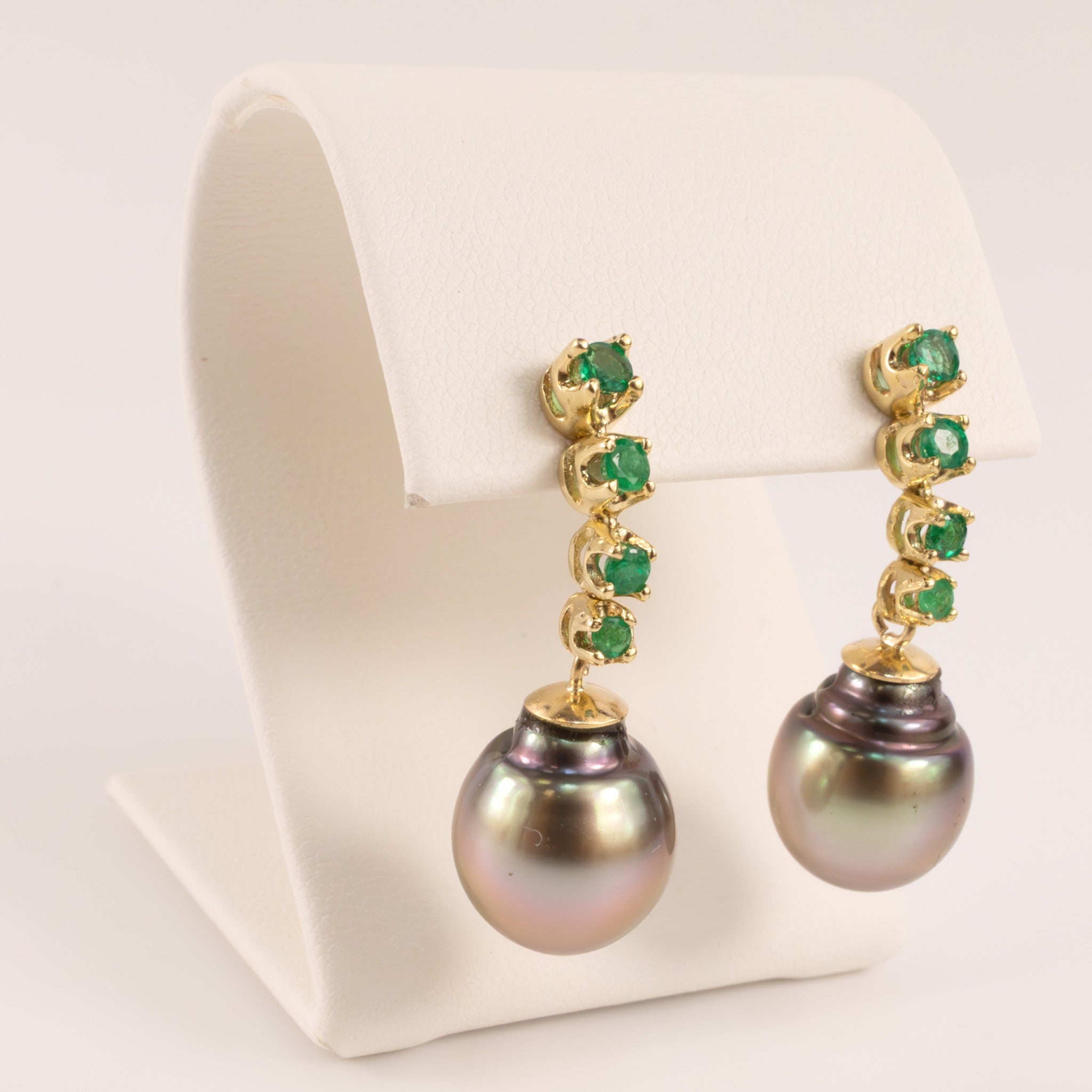 14KYG Tahitian Pearl and Emerald Drop Earrings