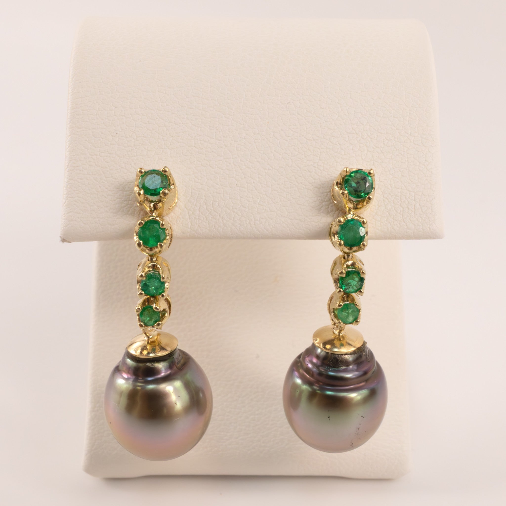 14KYG Tahitian Pearl and Emerald Drop Earrings