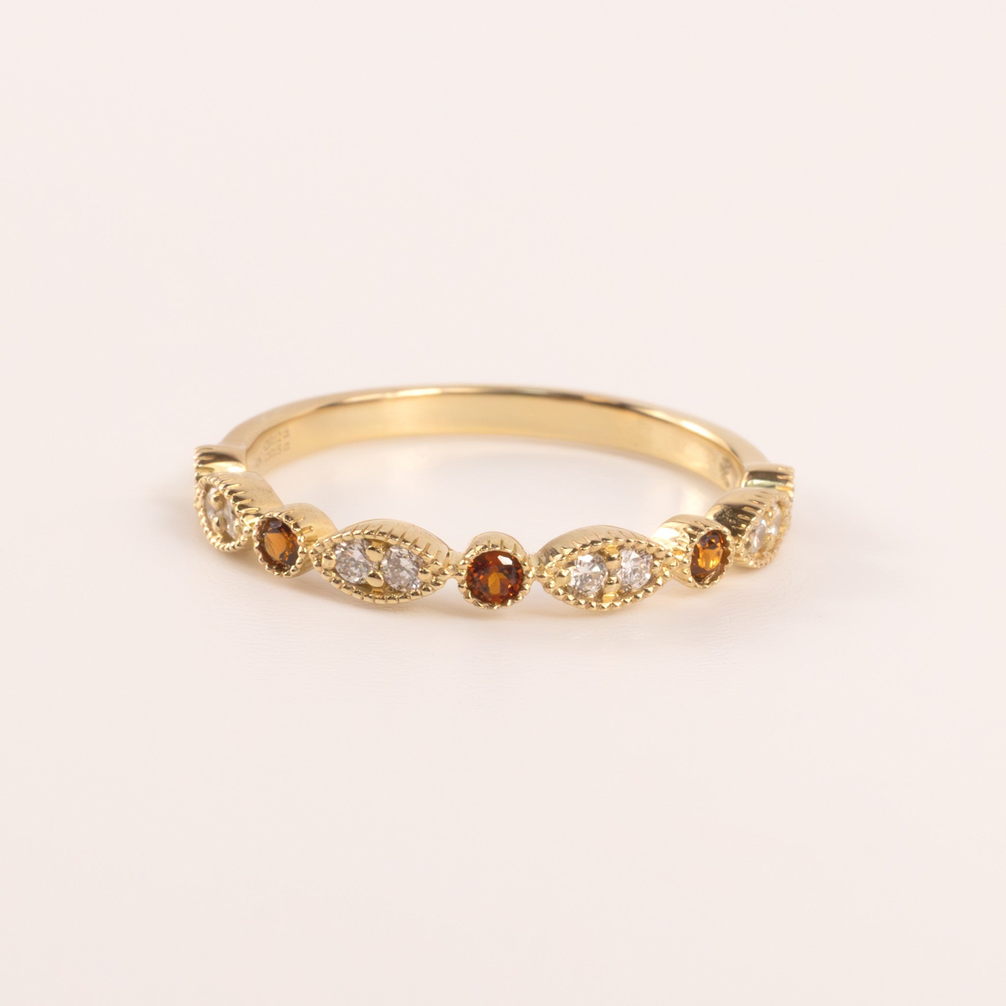 14KYG Garnet and Diamond Bezel Set Milgrain Stackable Band