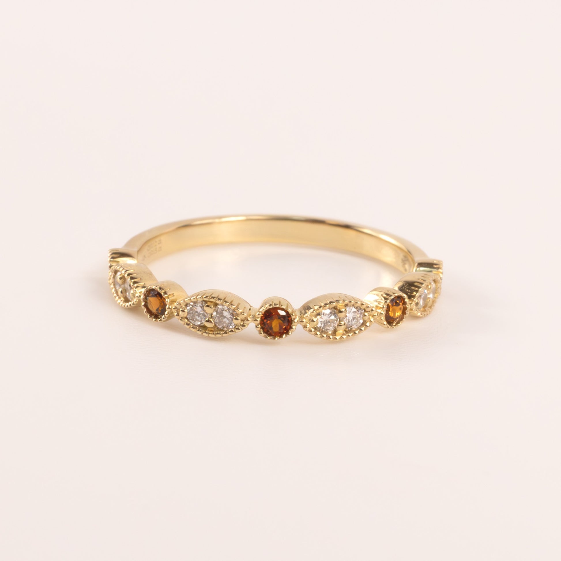 14KYG Garnet and Diamond Bezel Set Milgrain Stackable Band