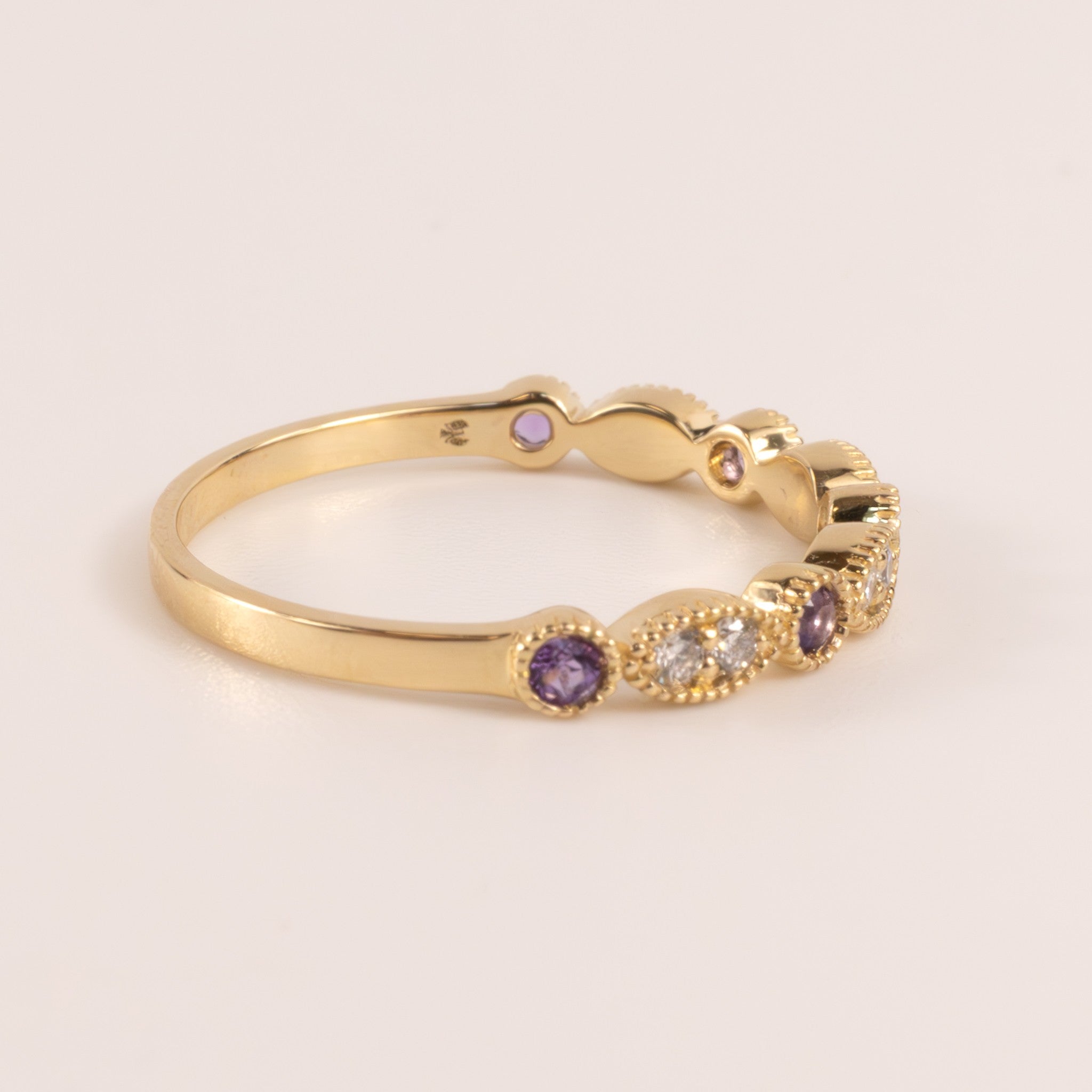 14KYG Amethyst and Diamond Bezel Set Milgrain Stackable Band