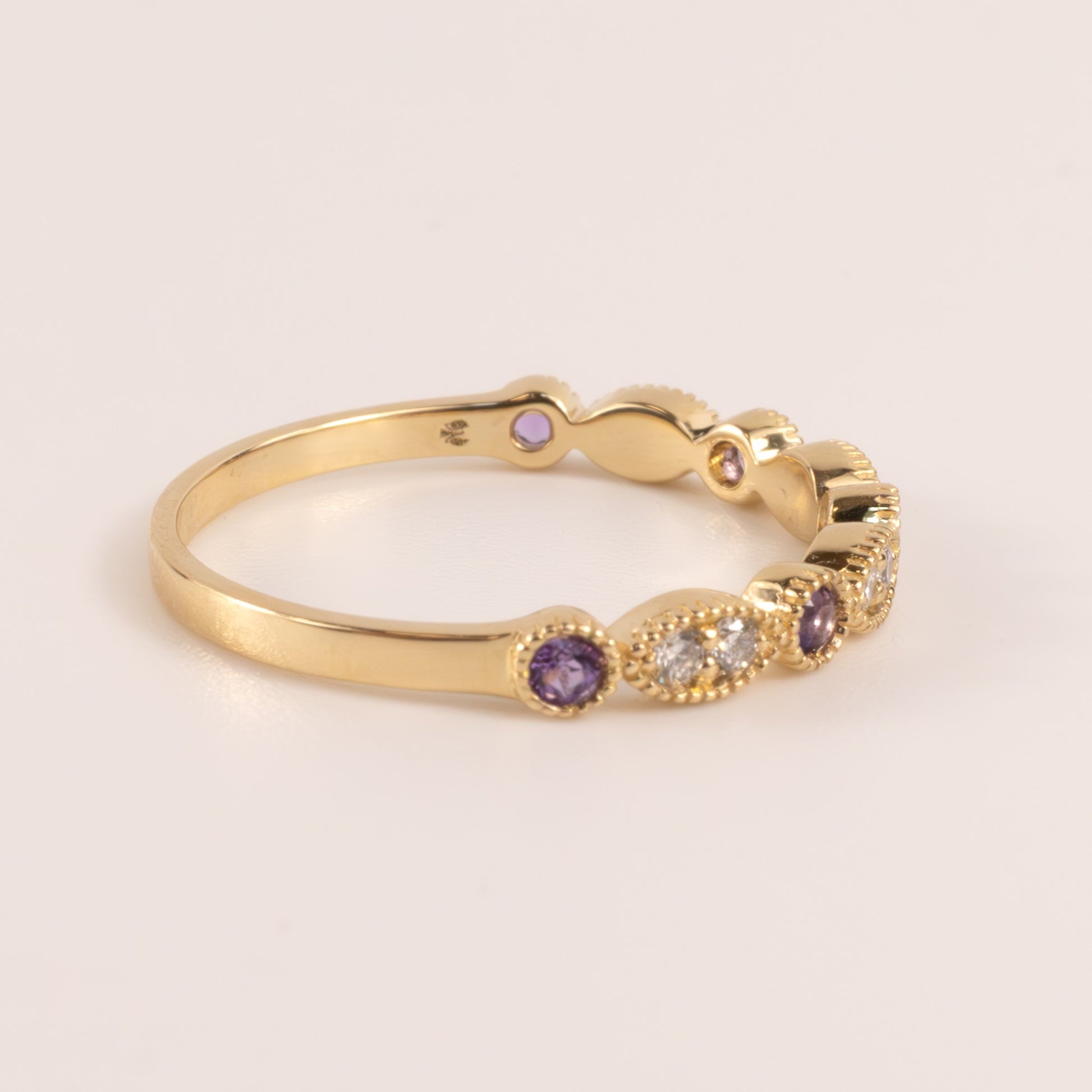 14KYG Amethyst and Diamond Bezel Set Milgrain Stackable Band
