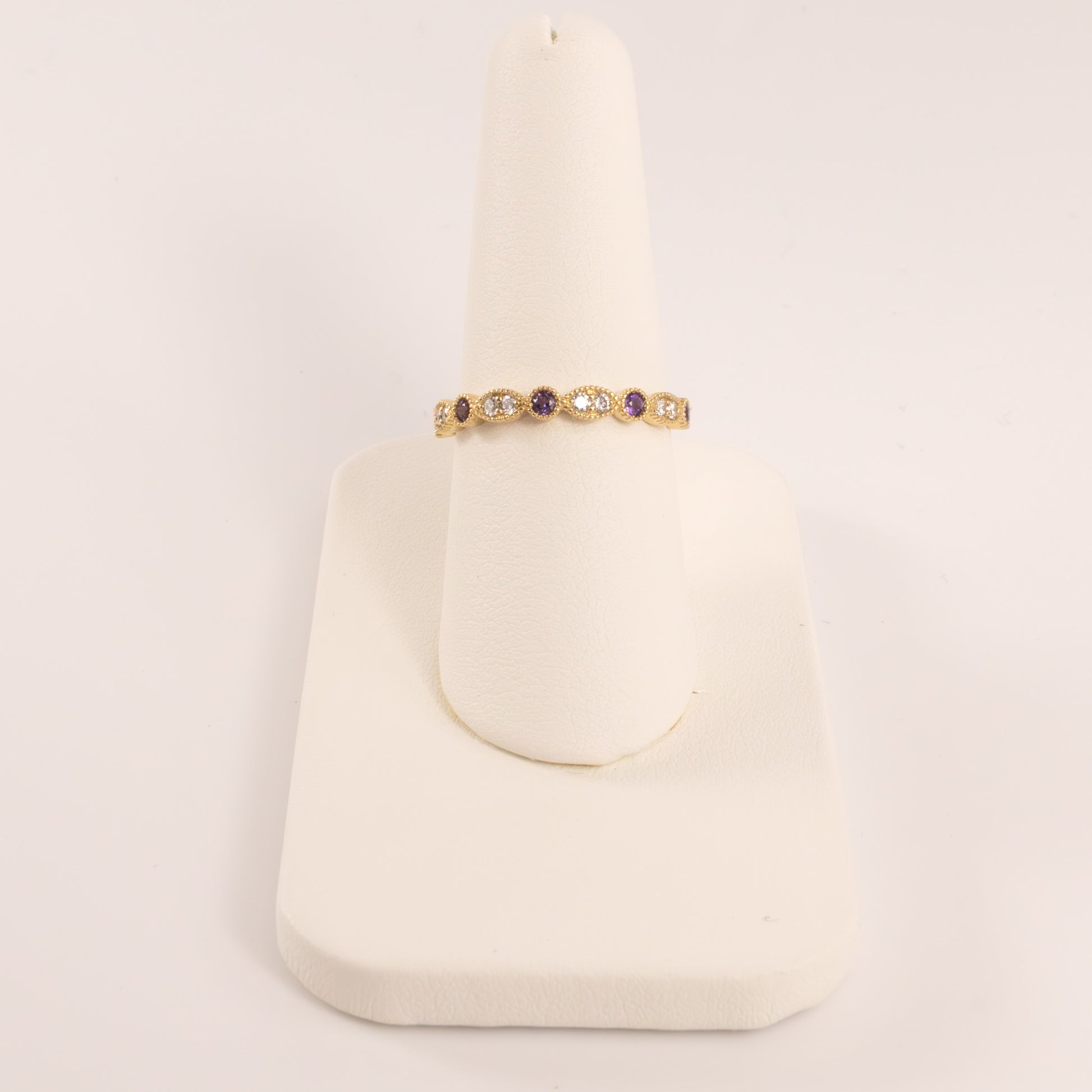 14KYG Amethyst and Diamond Bezel Set Milgrain Stackable Band