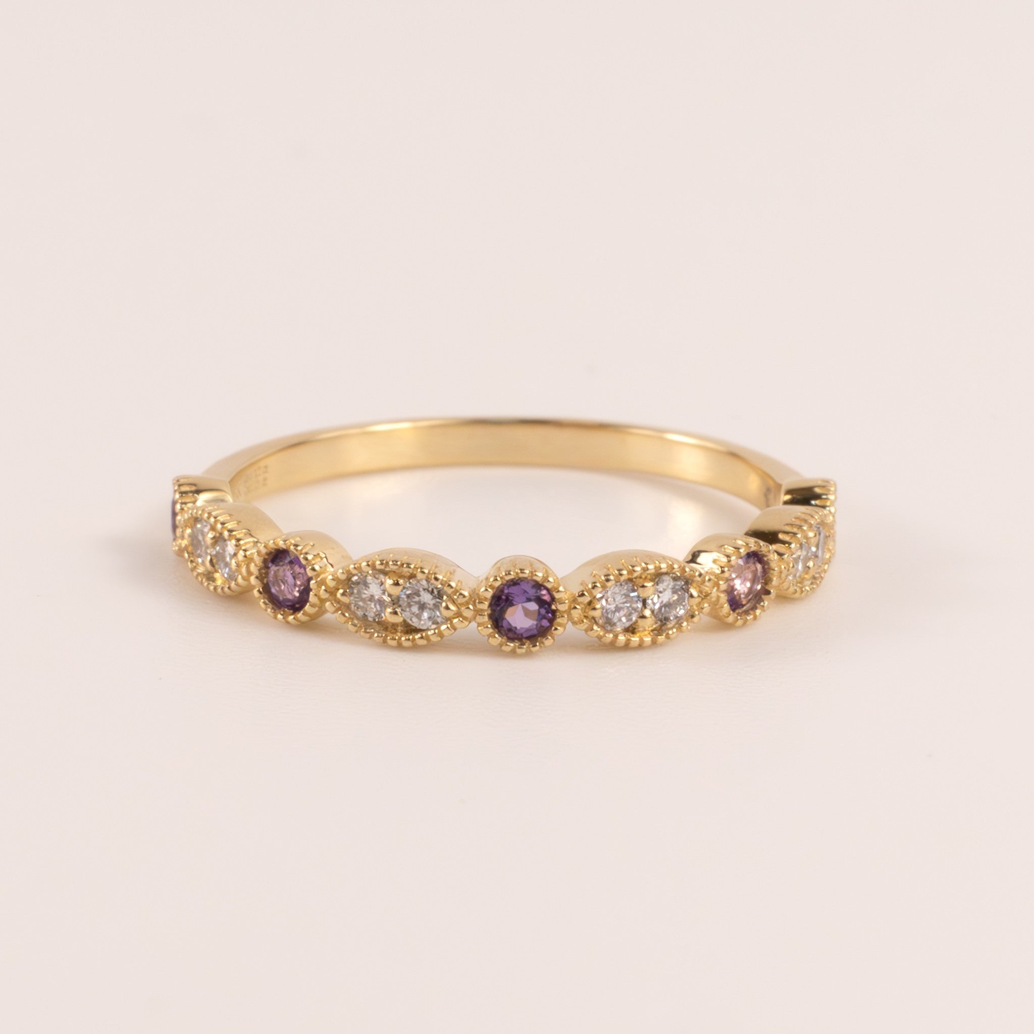 14KYG Amethyst and Diamond Bezel Set Milgrain Stackable Band
