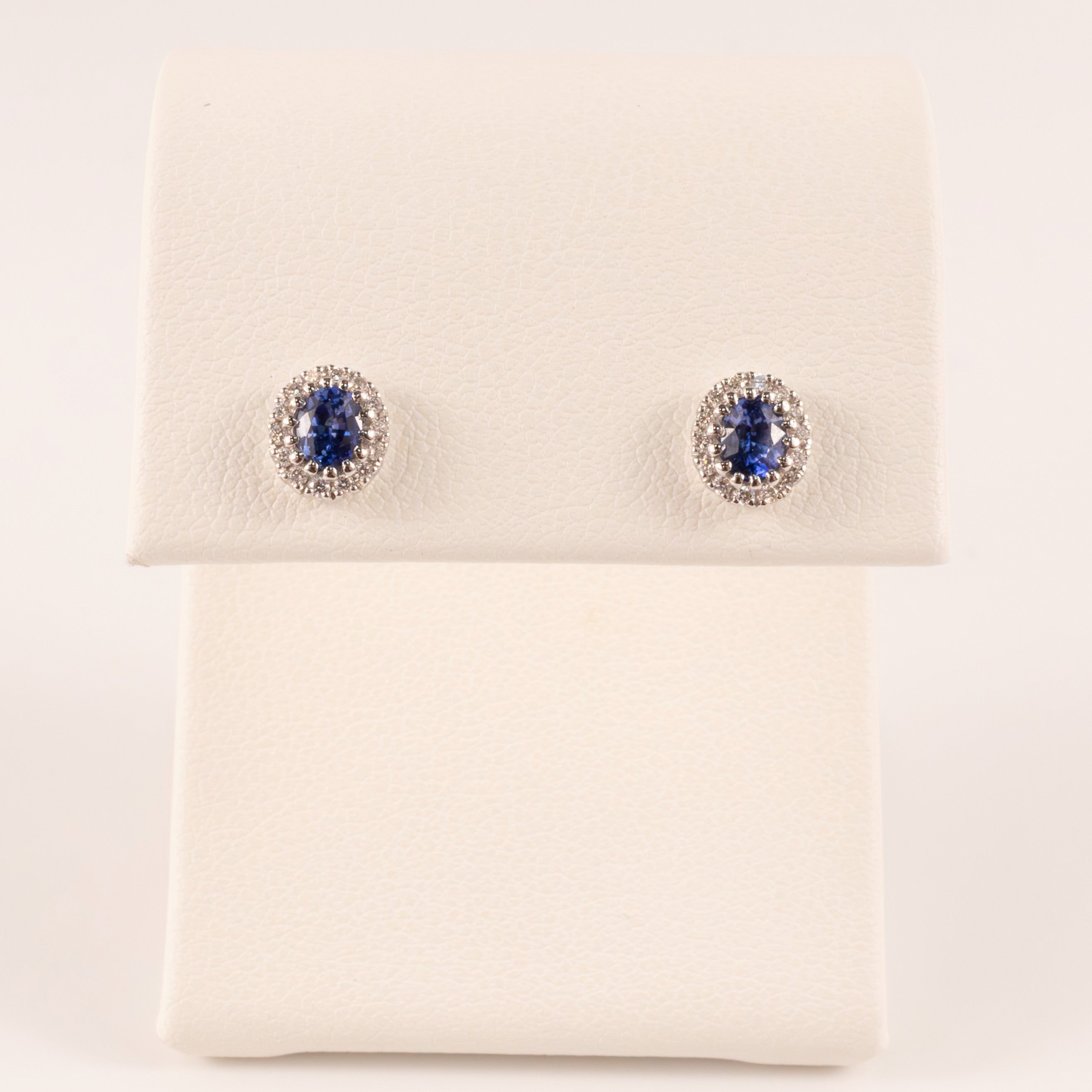 18KWG Bue Sapphire and Diamond Halo Oval Stud Earrings