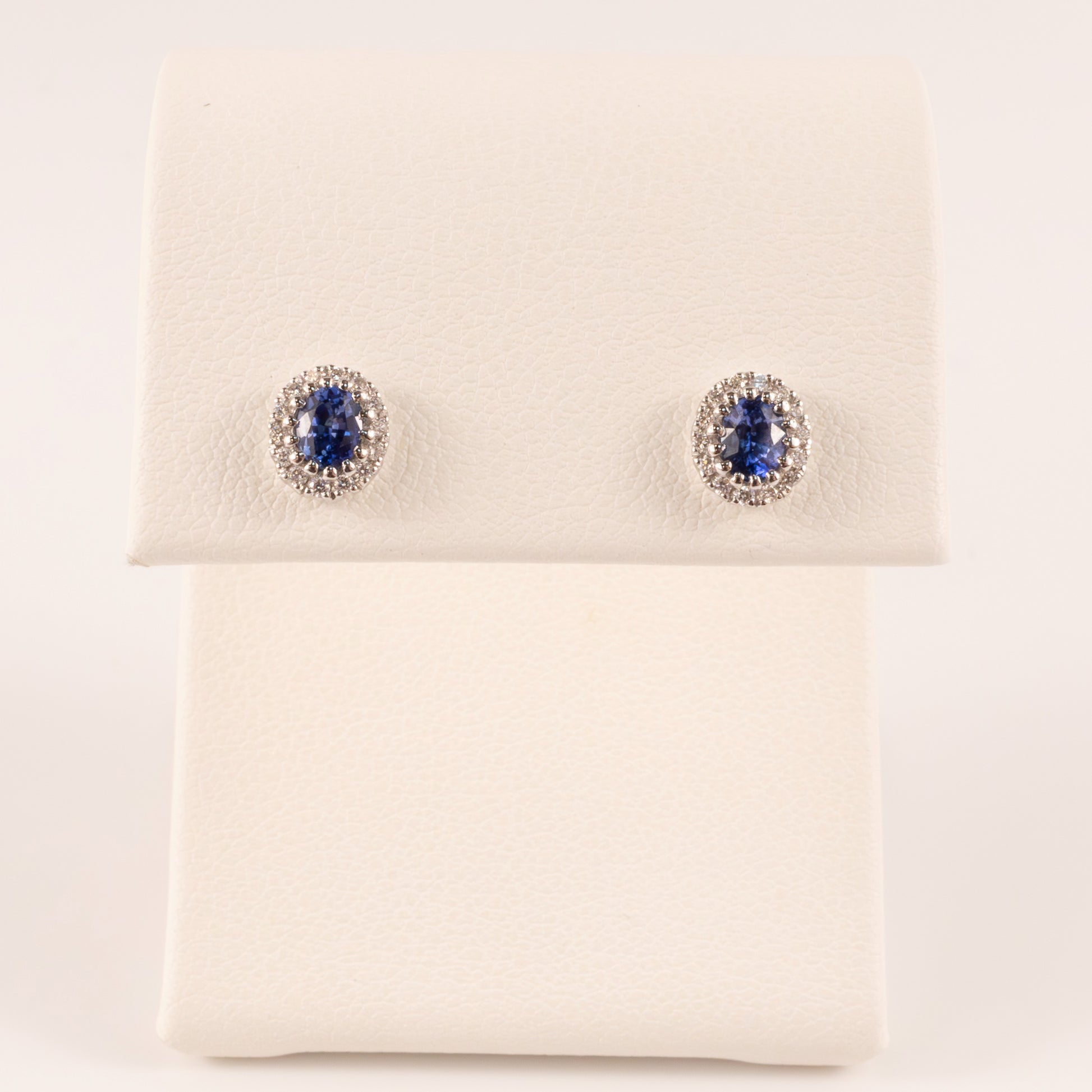 18KWG Bue Sapphire and Diamond Halo Oval Stud Earrings