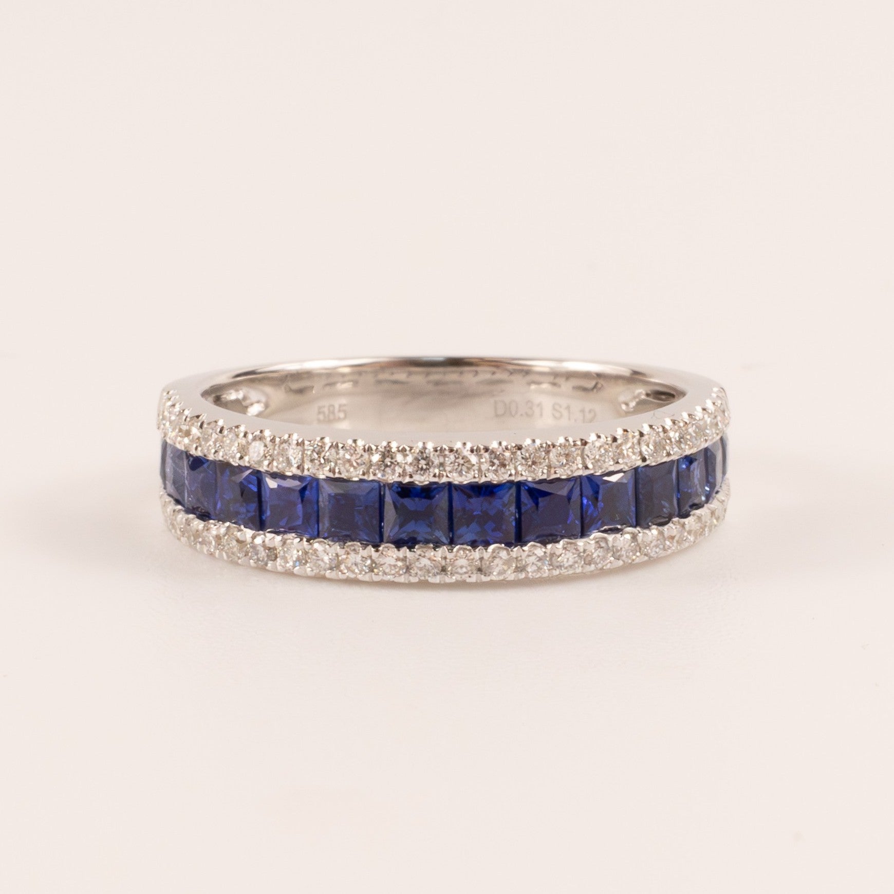 14KWG Blue Sapphire Princess Cut and Diamond Channel Set Band