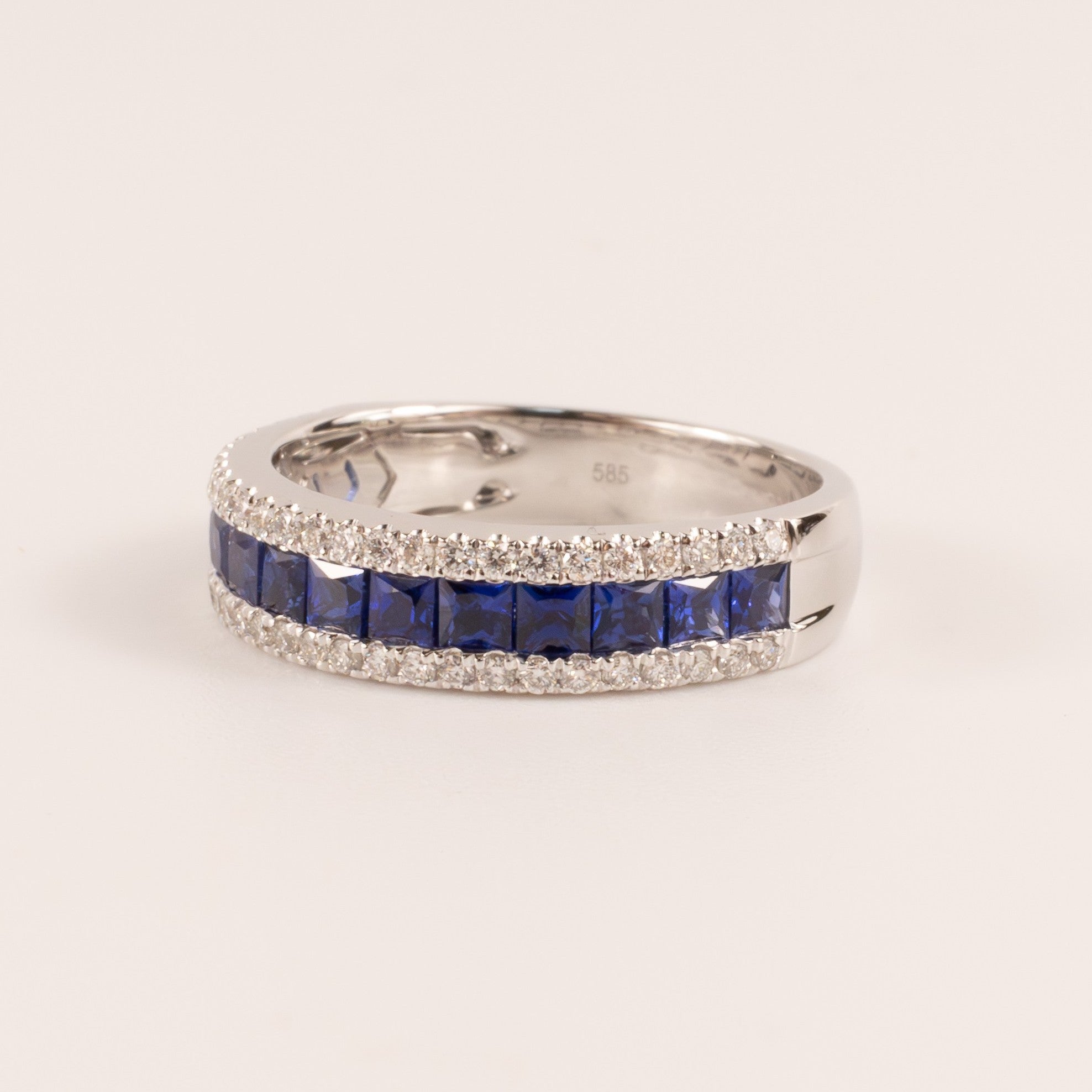 14KWG Blue Sapphire Princess Cut and Diamond Channel Set Band