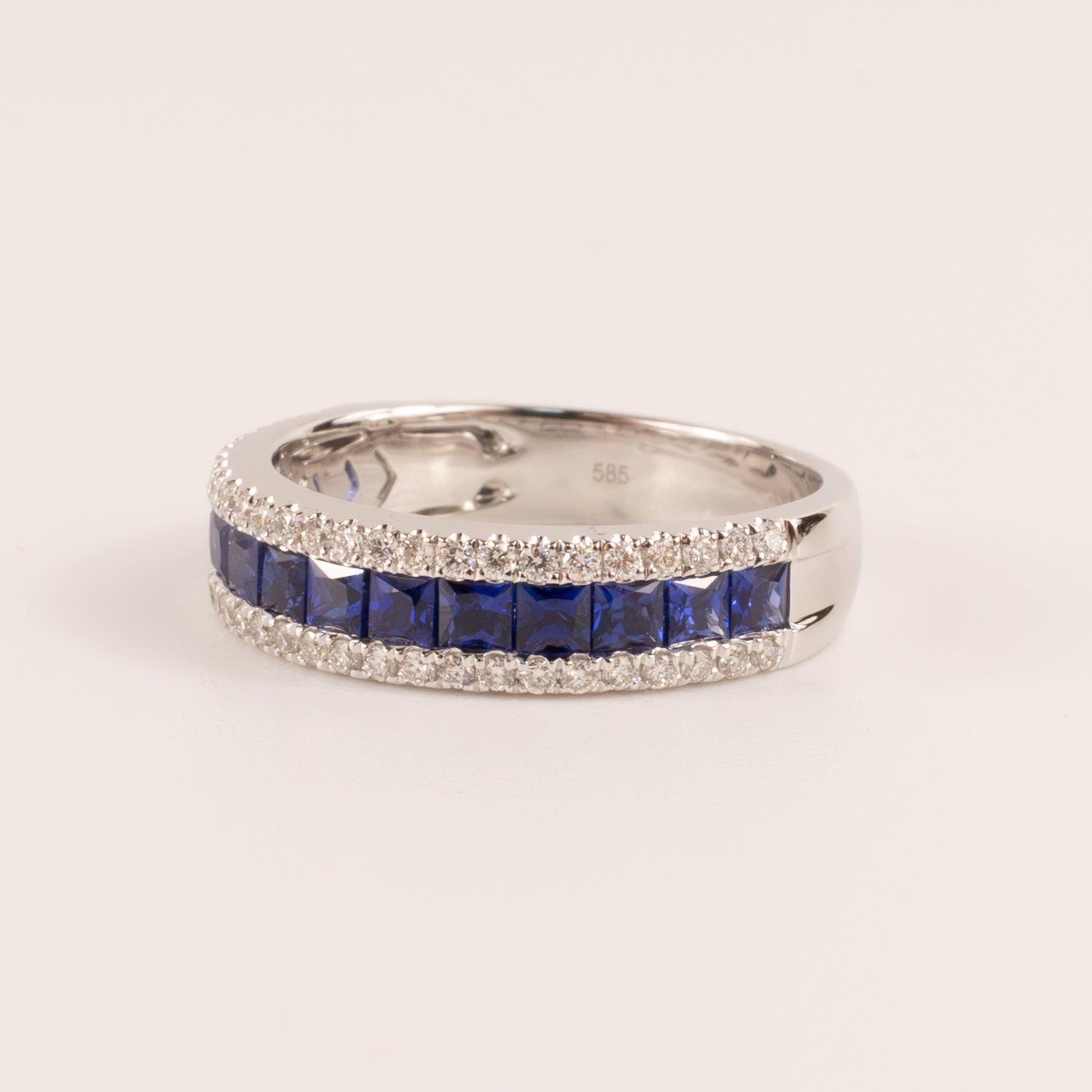 14KWG Blue Sapphire Princess Cut and Diamond Channel Set Band
