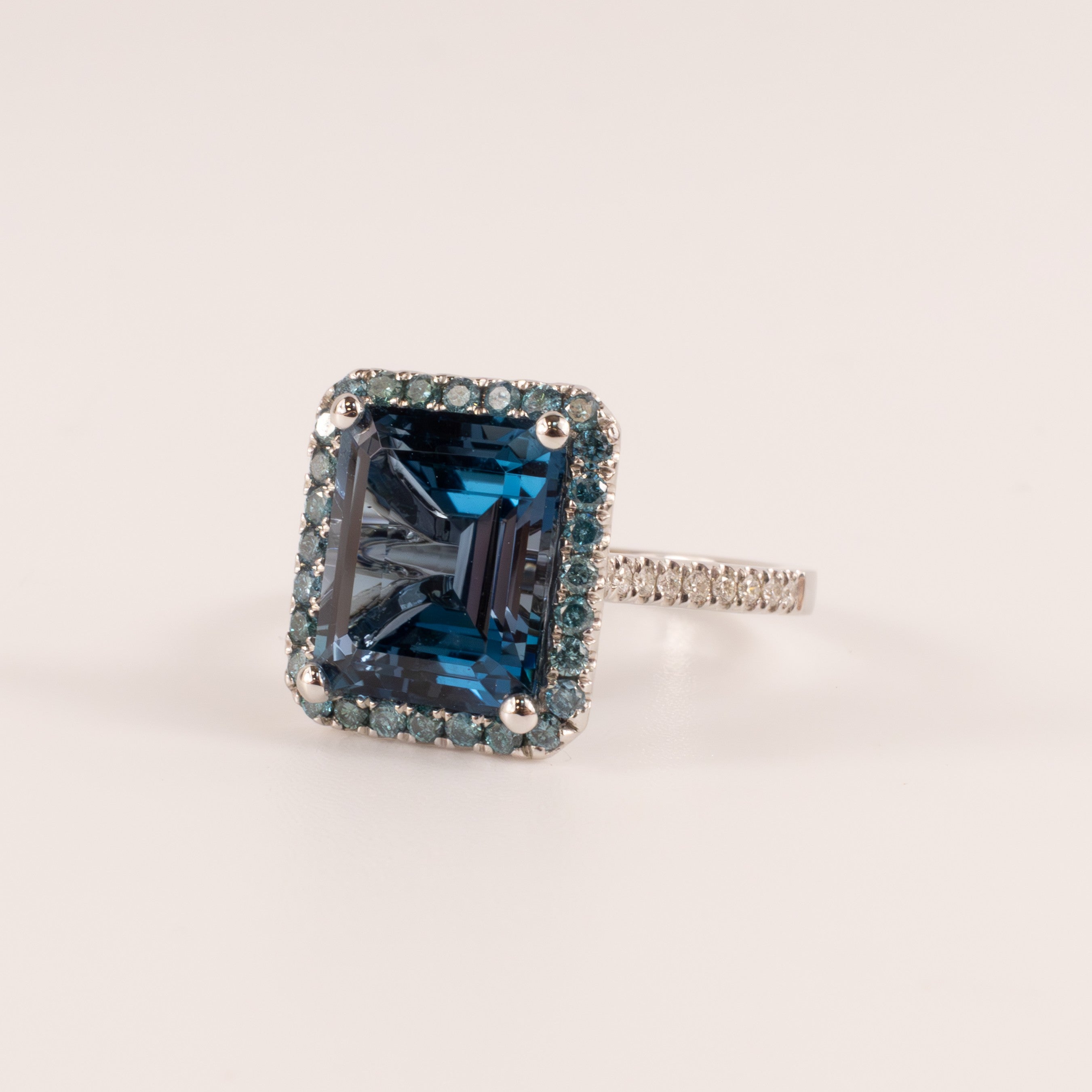 14KWG London Blue Topaz and Blue Diamond Halo Ring